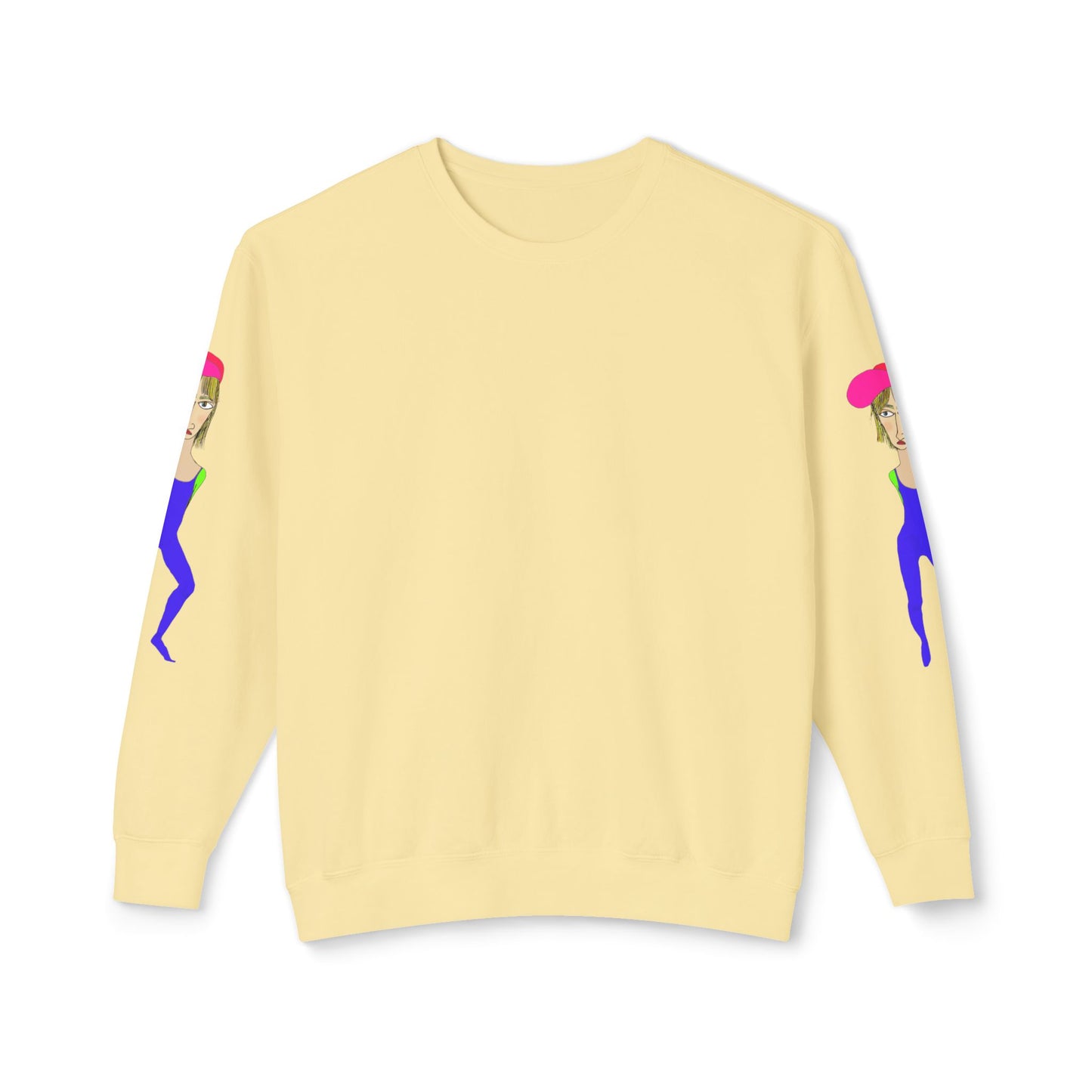 Yellow Cody graphic unisex crewneck sweatshirt front view with sleeve artwork