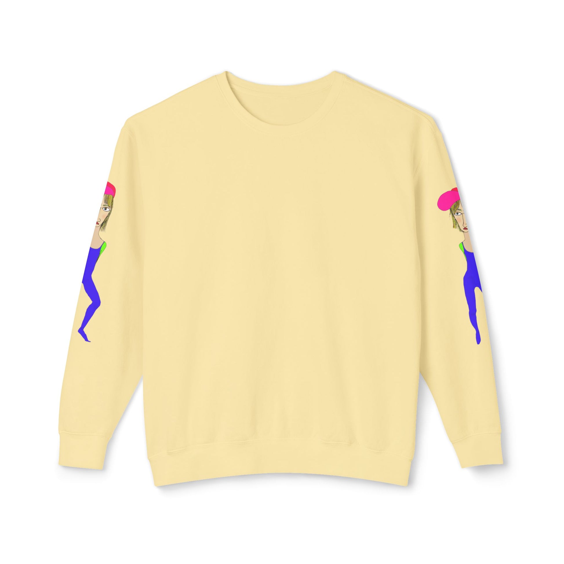 Yellow Cody graphic unisex crewneck sweatshirt front view with sleeve artwork