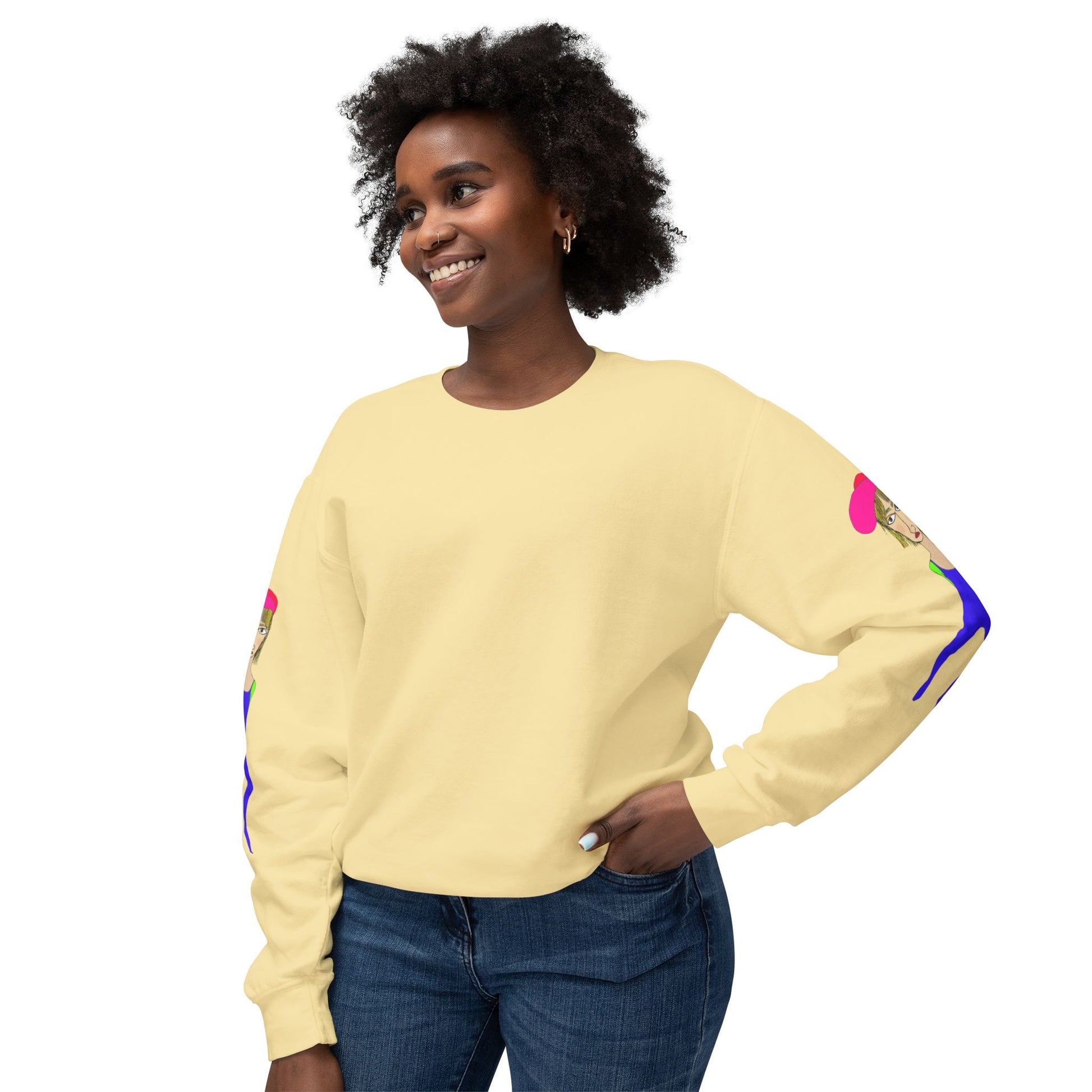 Yellow Cody graphic unisex crewneck sweatshirt lifestyle mockup on female model