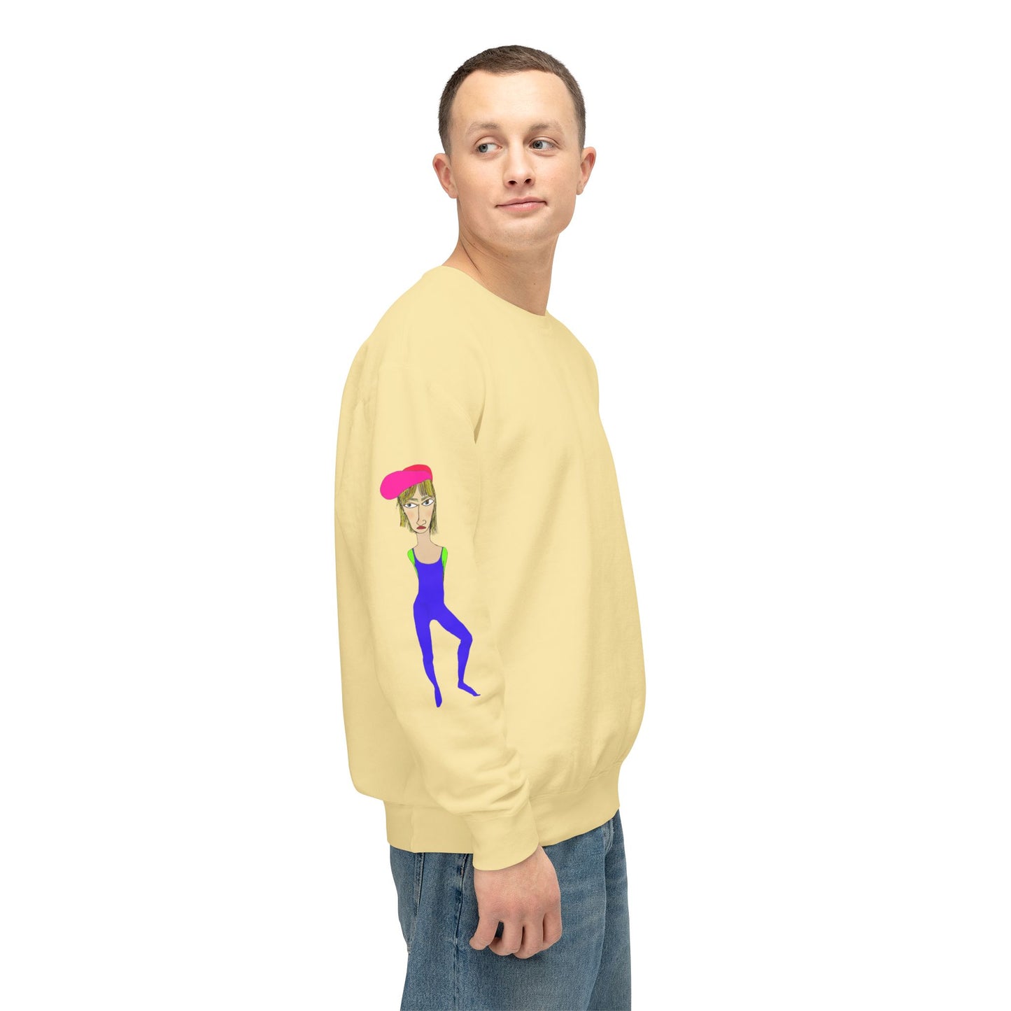 Yellow Cody graphic unisex crewneck sweatshirt side view on model with illustrated sleeves