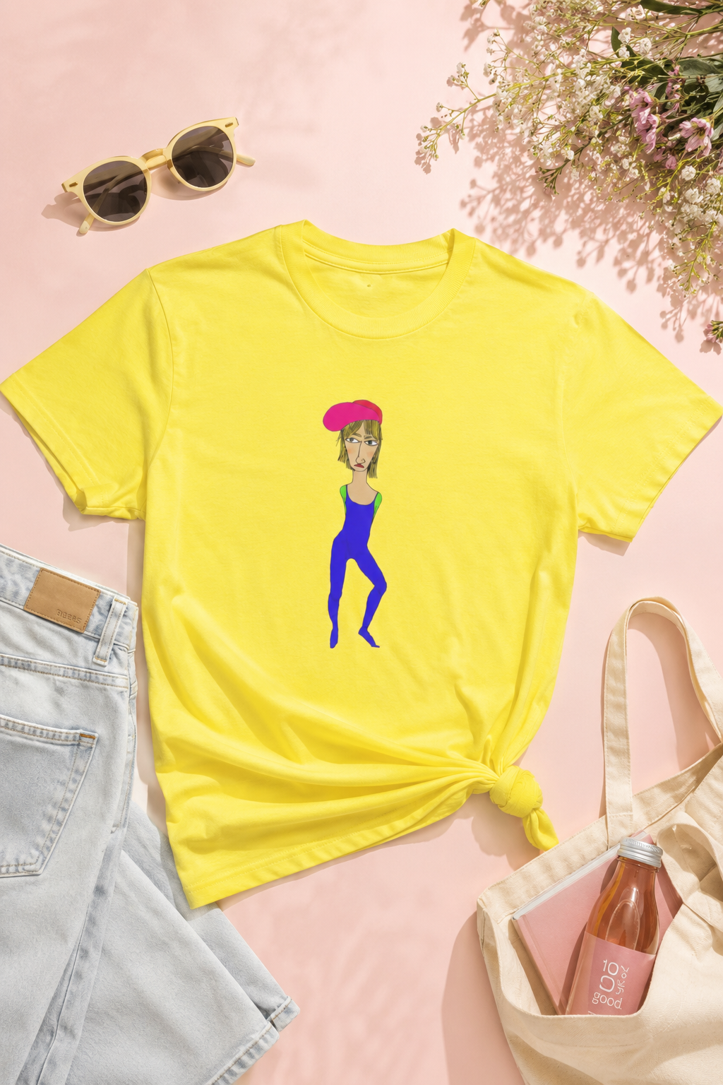 Cody graphic unisex t-shirt flat lay in yellow color