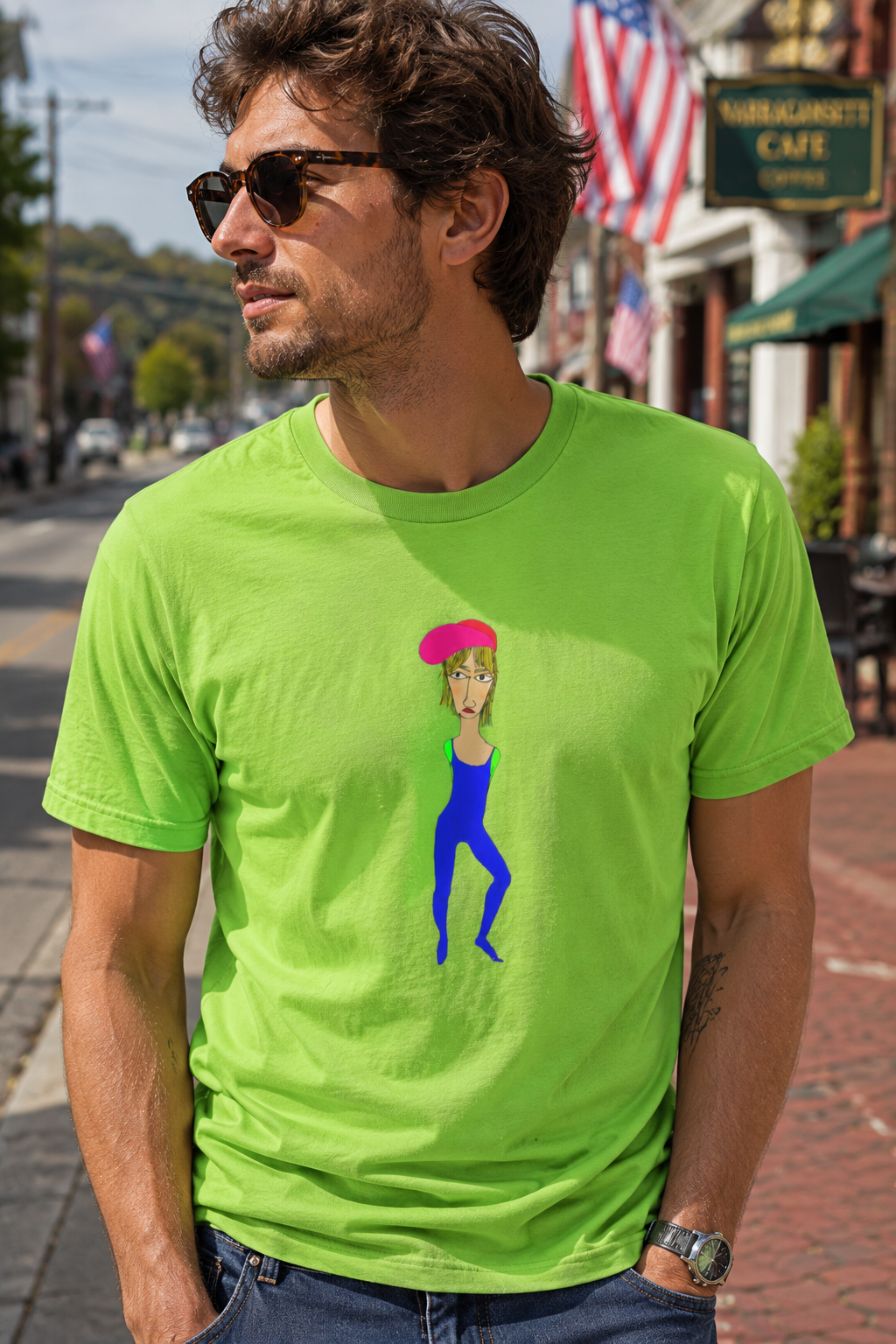 Cody graphic unisex t-shirt in green worn by male model outdoors