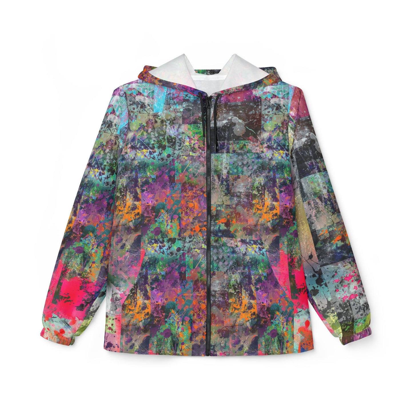 Front view of the Color Splash abstract print unisex windbreaker jacket with hood and full zipper.