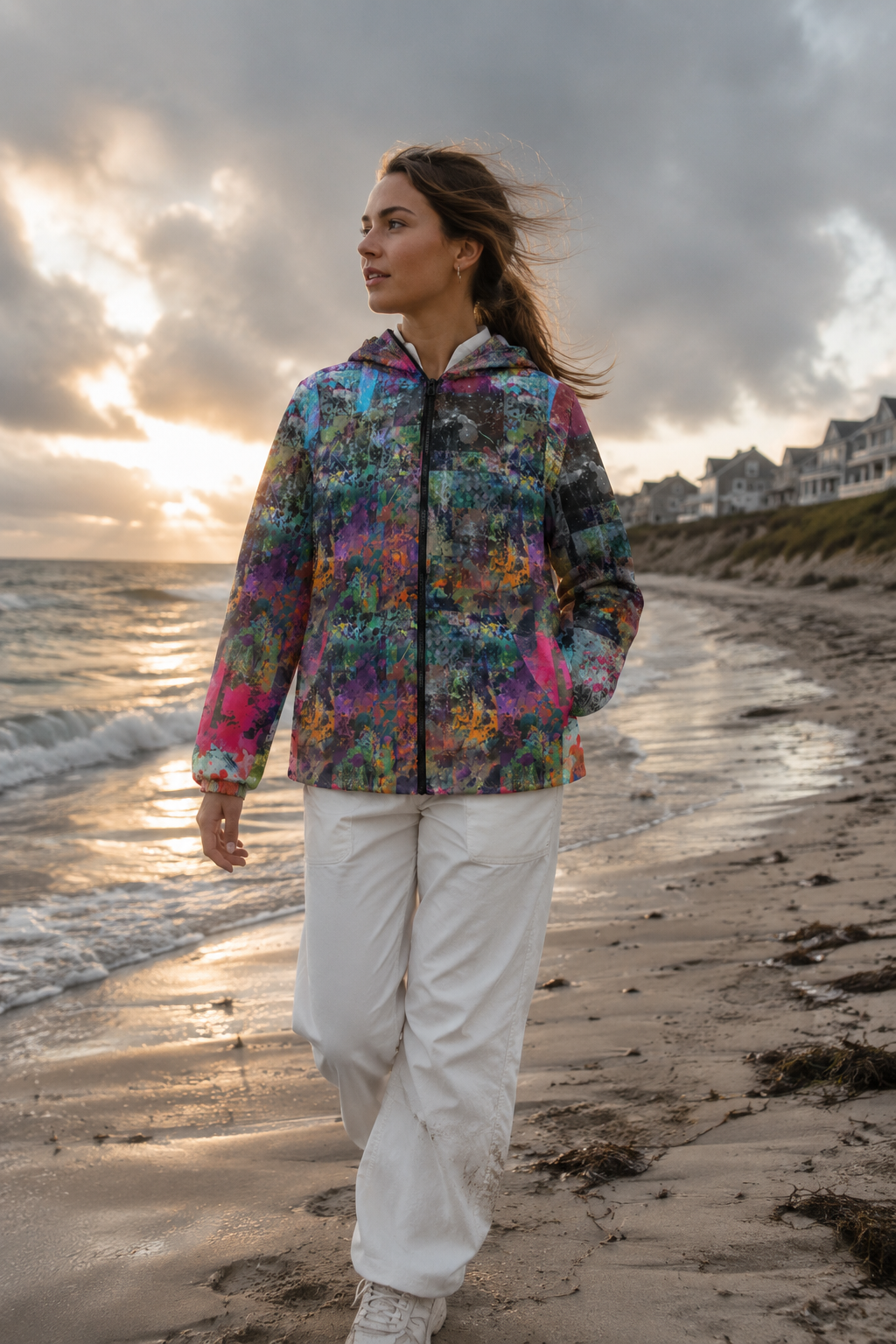 Female model wearing the Color Splash abstract print windbreaker jacket while walking along the Nantucket shore.
