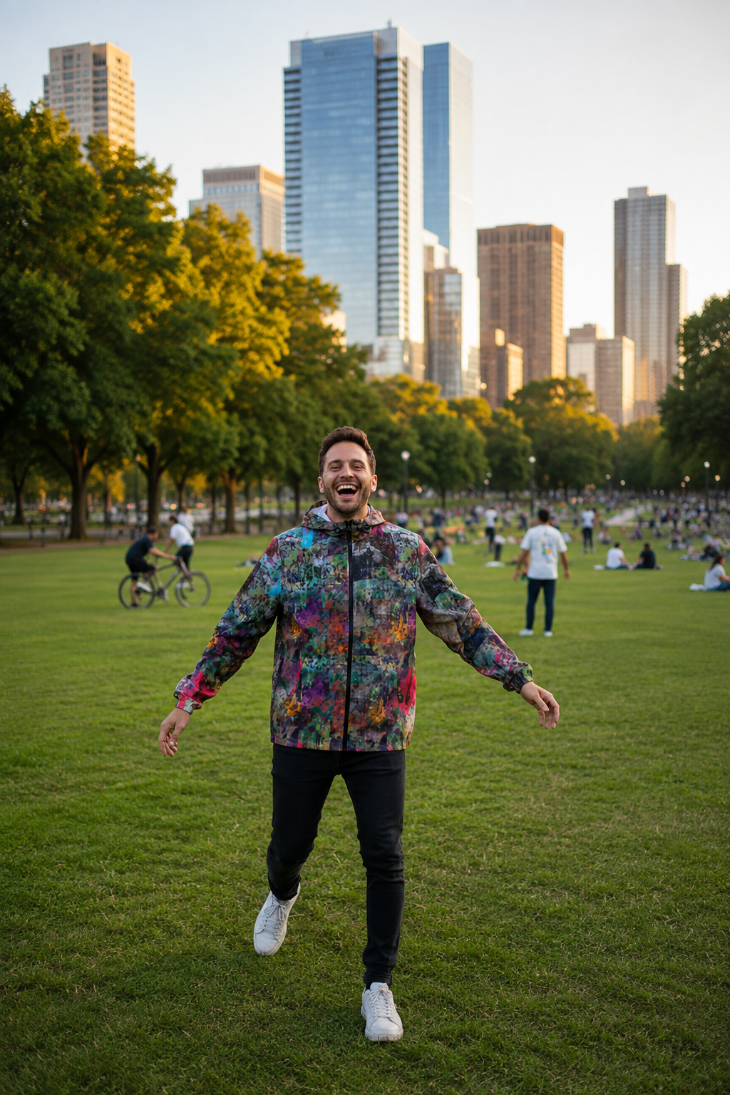 Male model wearing the colorful abstract print windbreaker jacket in a city park.