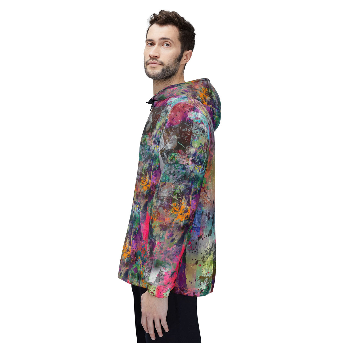 Side view of male model in Color Splash Windbreaker Jacket showing pink and green splashes on sleeve.