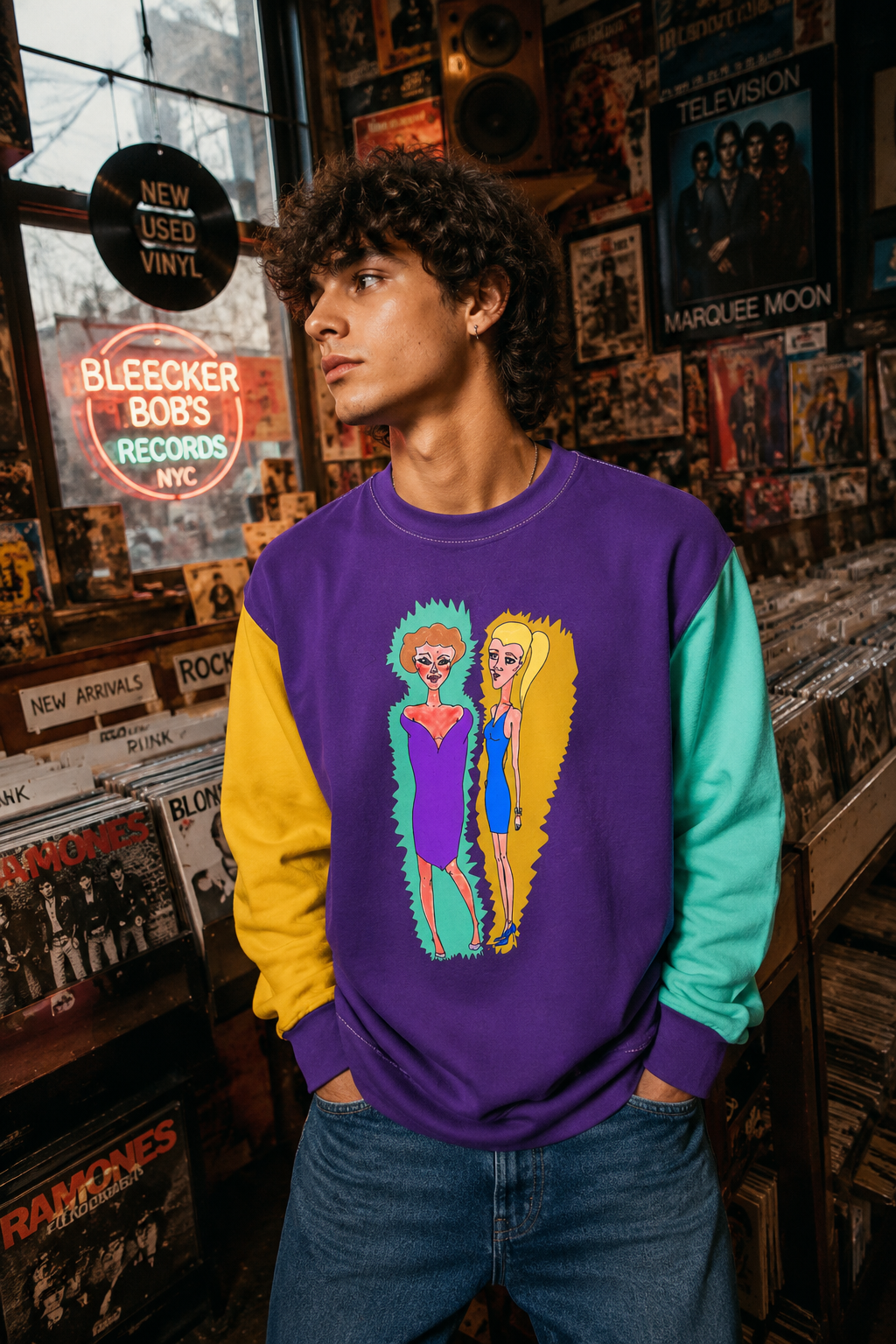 Gen Z male wearing the purple colorblock graphic sweatshirt in a vintage NYC record store
