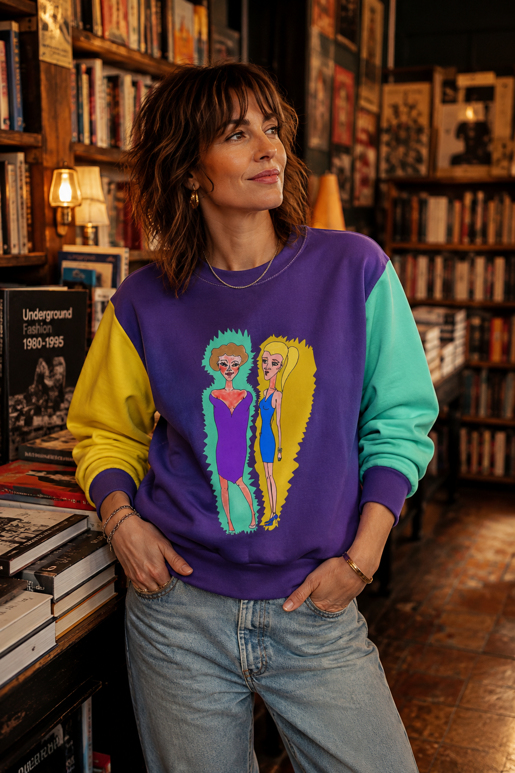 Young Gen X woman wearing the purple colorblock art sweatshirt in an indie bookstore