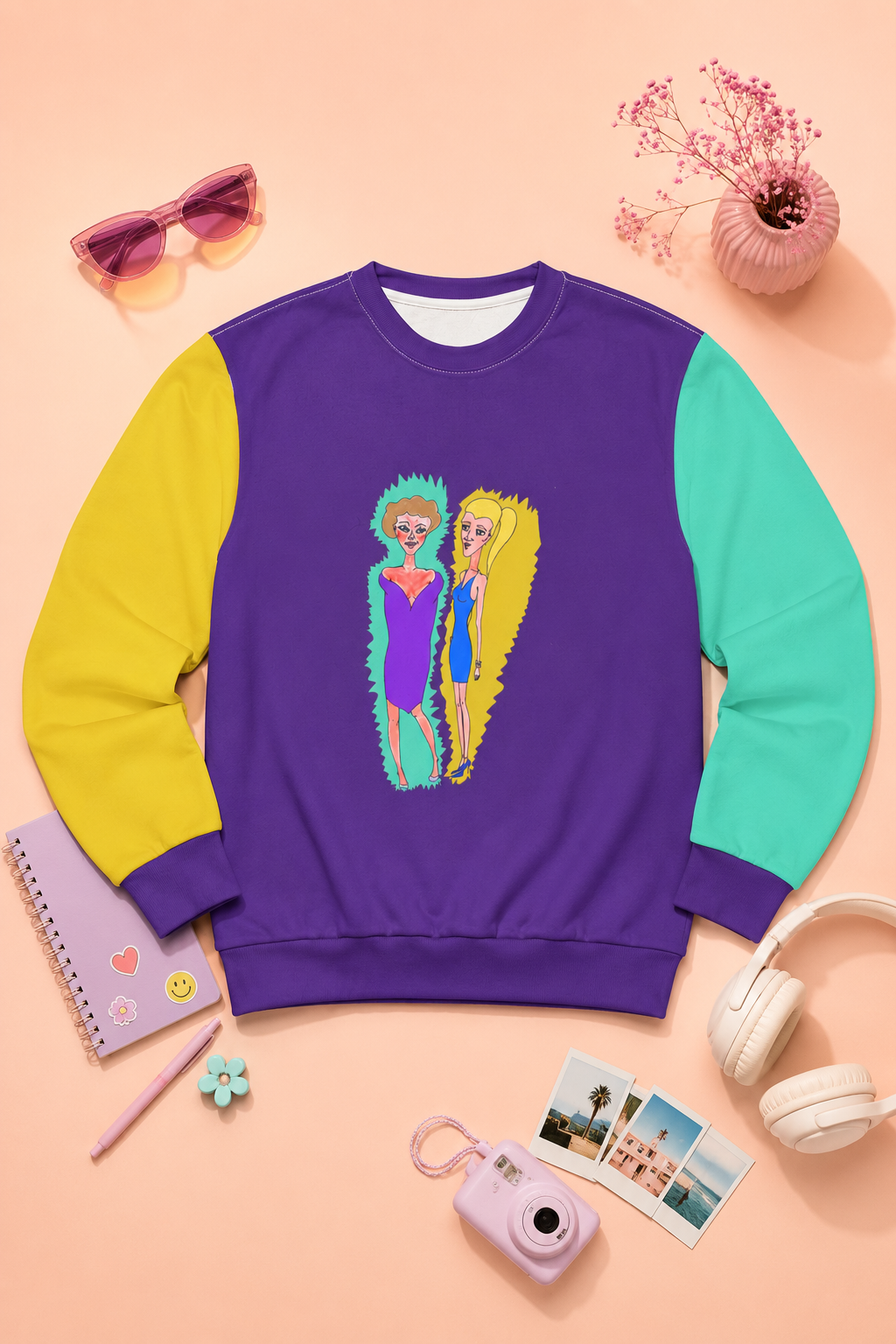 Purple colorblock sweatshirt styled in a pastel peach flat lay with youthful accessories