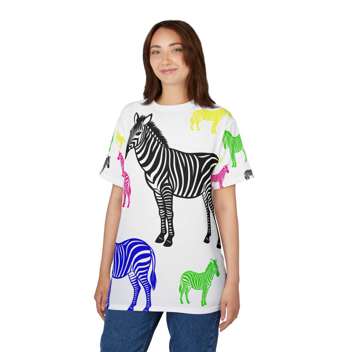 Female model in Colored Zebras Unisex T-Shirt showing colorful zebra artwork
