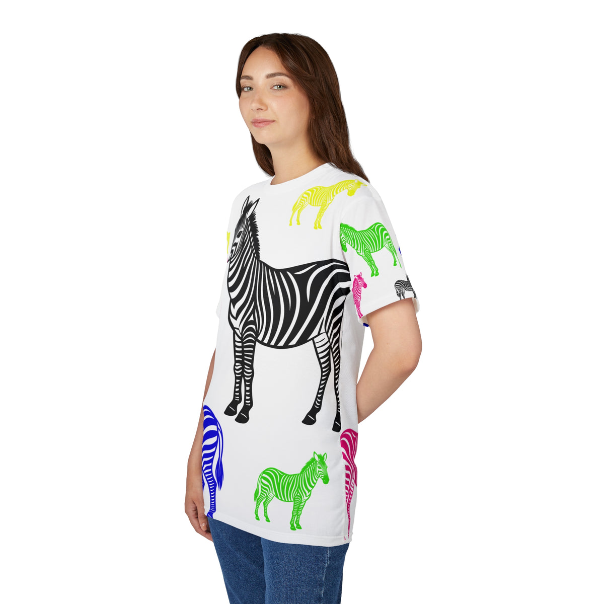 Female model side view in Colored Zebras Unisex T-Shirt with bright zebra print