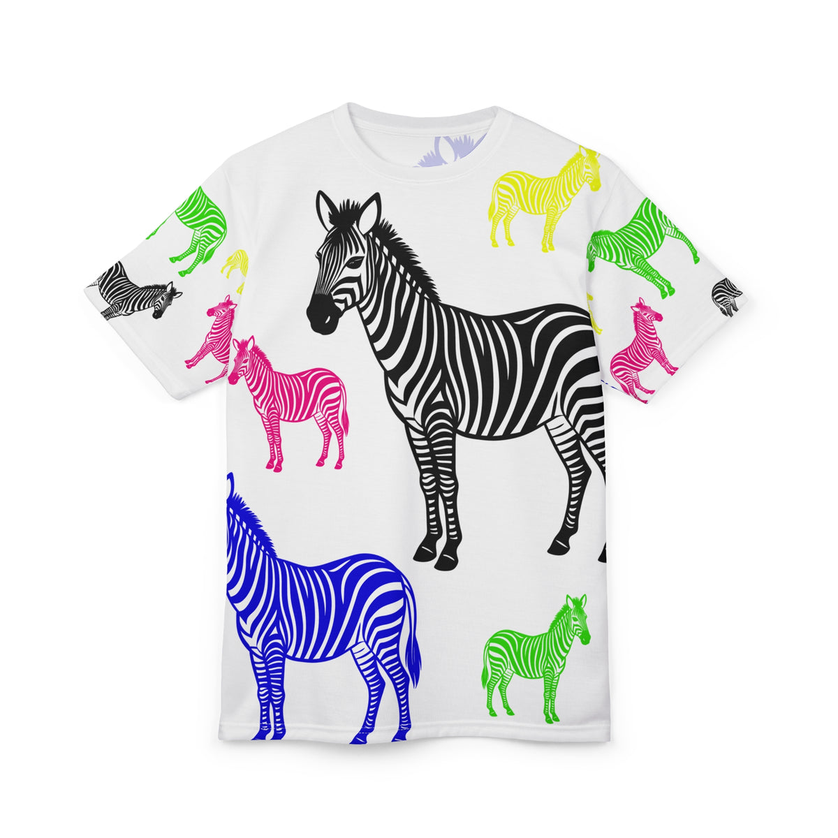 Front view of the Colored Zebras Unisex T-Shirt with black, blue, pink, green, and yellow zebra graphics