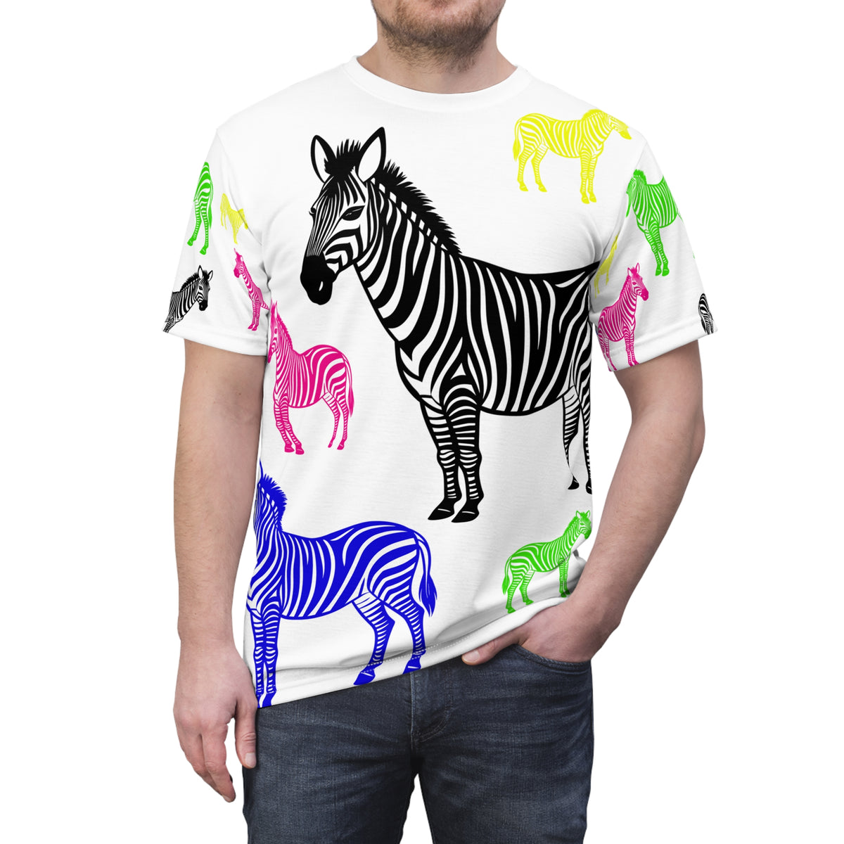 Male model wearing the Colored Zebras Unisex T-Shirt front view with colorful zebra graphics