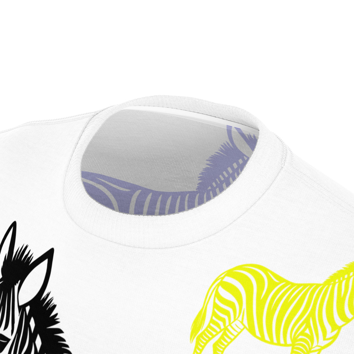 Close-up of neckline on Colored Zebras Unisex T-Shirt highlighting fabric and zebra design