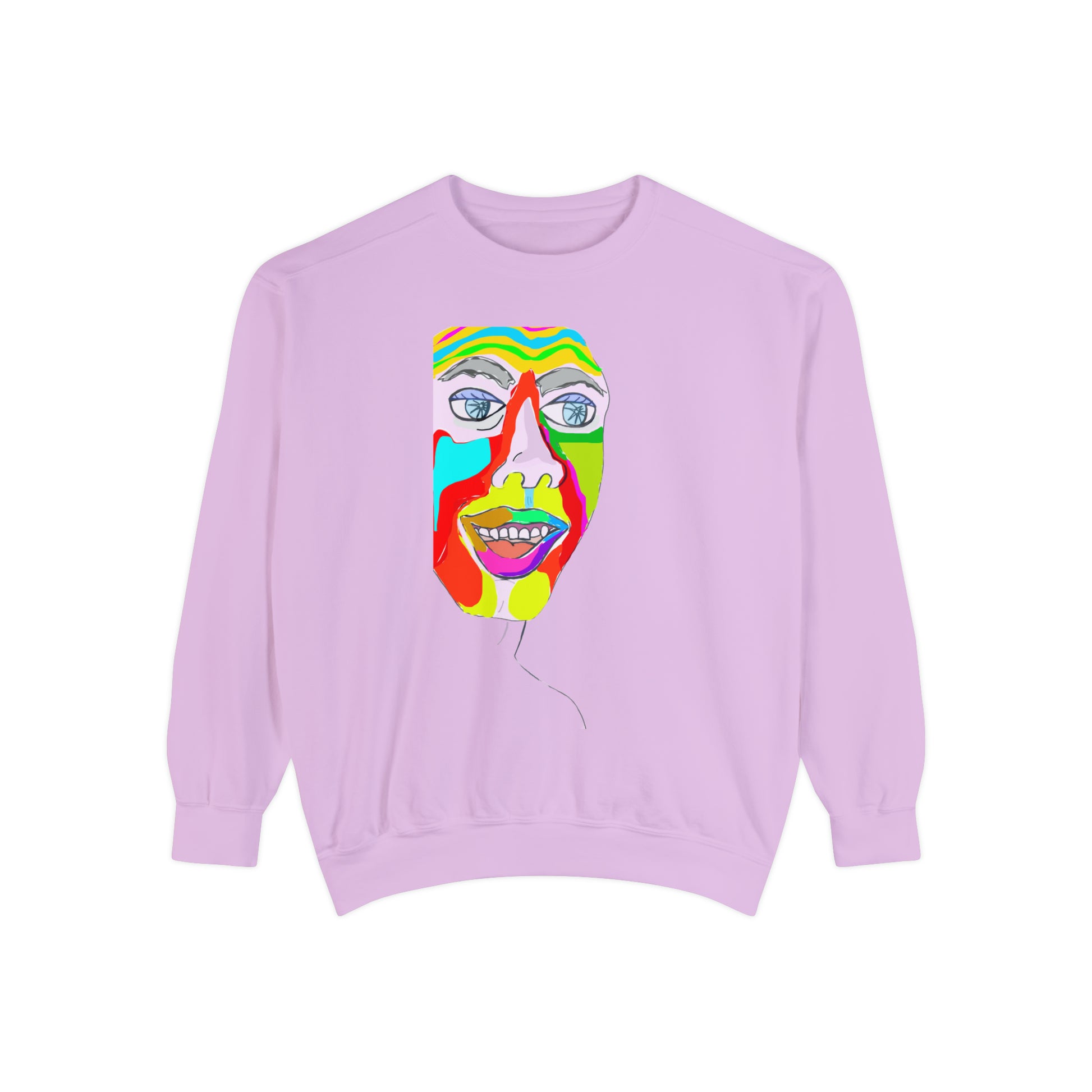 Lavender Colorfest sweatshirt with colorful original abstract portrait artwork