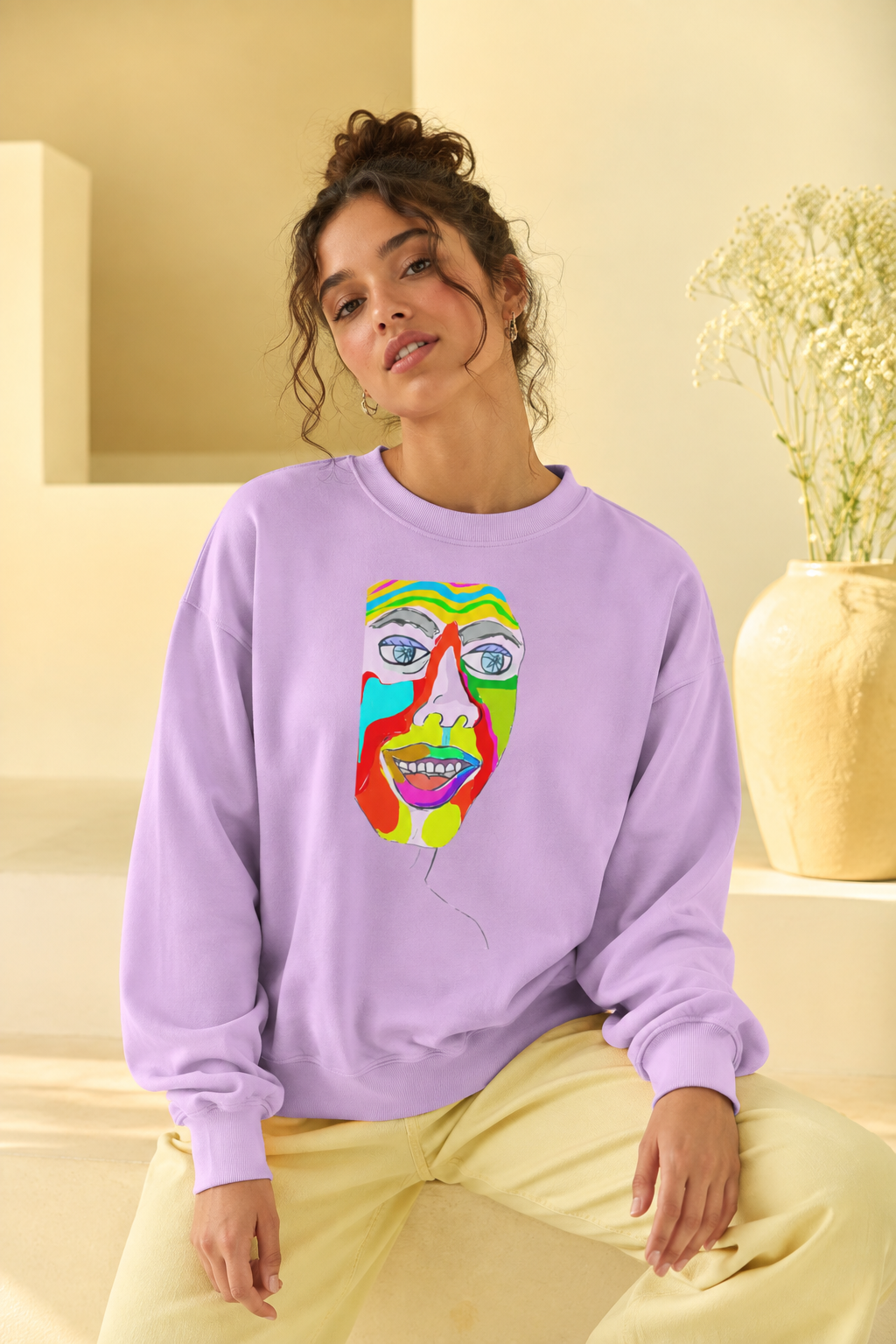 Woman wearing the lavender Colorfest abstract face sweatshirt in a soft pastel yellow setting