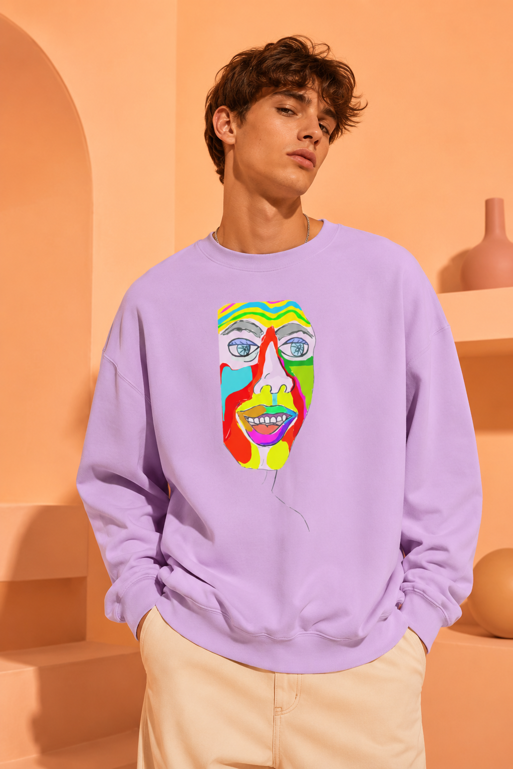 Gen Z male wearing the lavender Colorfest graphic sweatshirt in a pastel orange studio