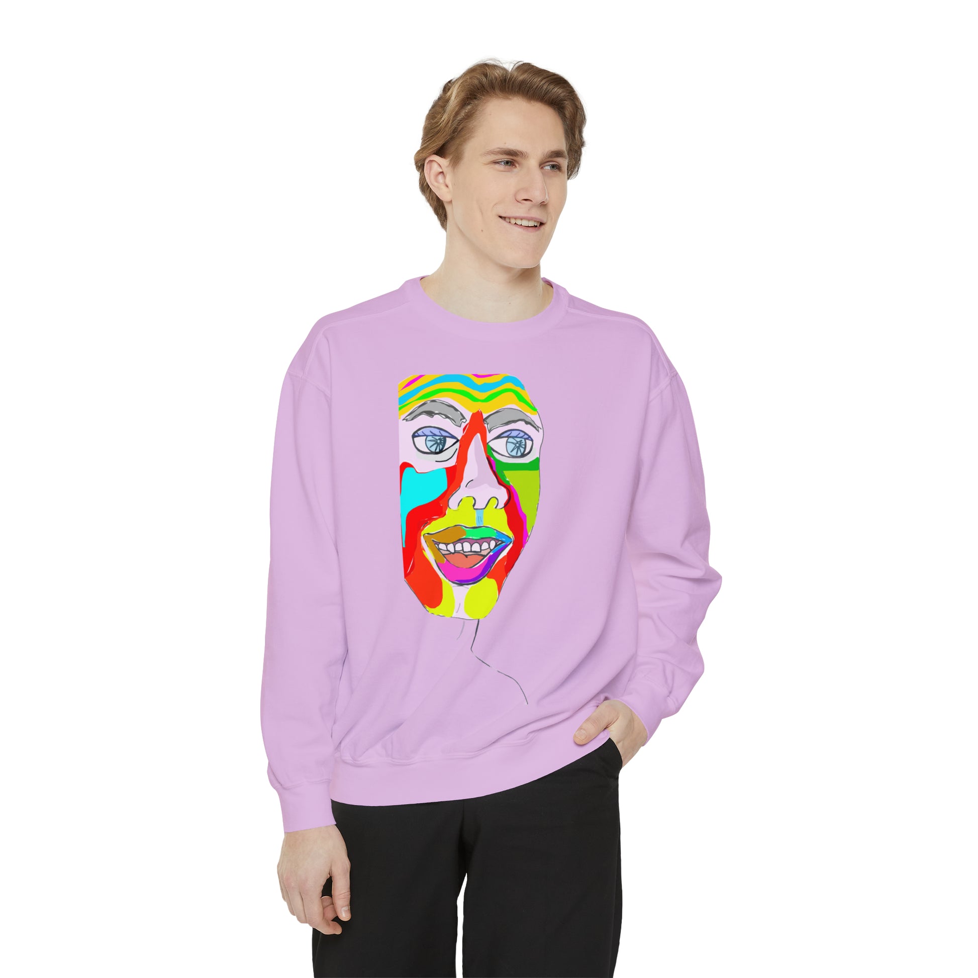 Male model wearing the lavender Colorfest unisex abstract art sweatshirt