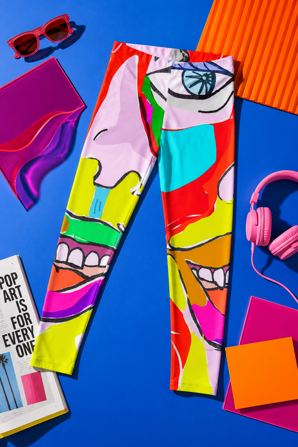 Colorfest Pop Art Leggings displayed in a colorful editorial flat lay with vibrant blue, pink, and orange design elements.