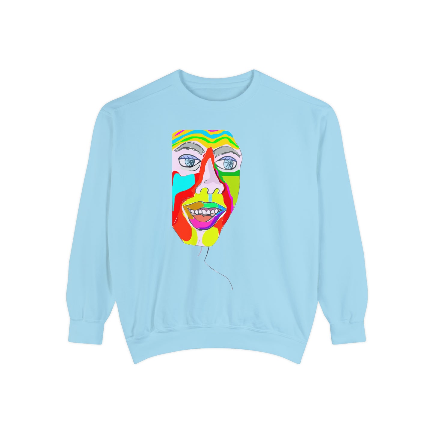 Light blue Colorfest sweatshirt featuring original abstract face artwork by @socialtantrum