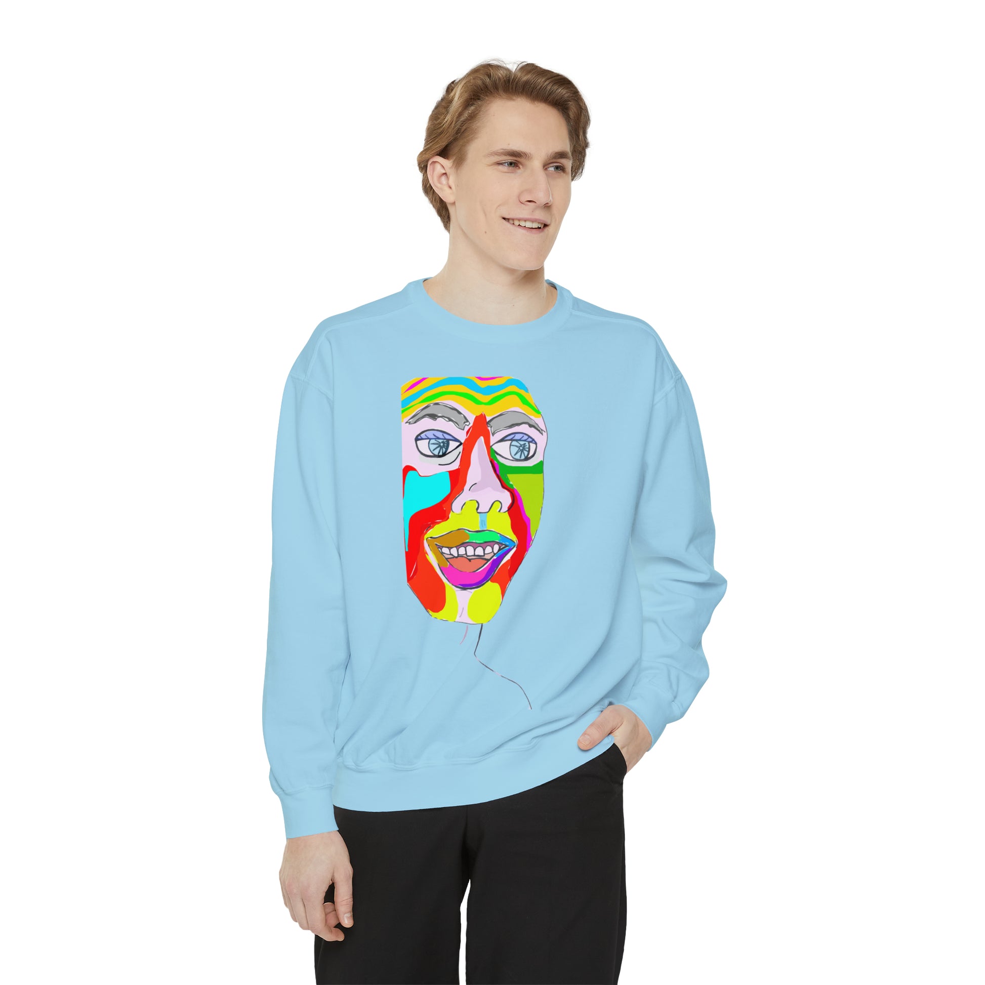 Male model wearing the light blue Colorfest sweatshirt with abstract face graphic