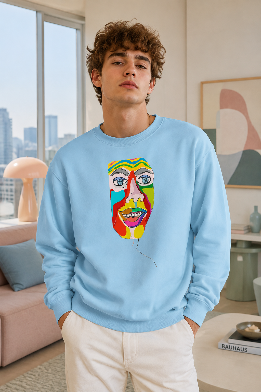 Gen Z male wearing the light blue Colorfest sweatshirt in a modern pastel city apartment