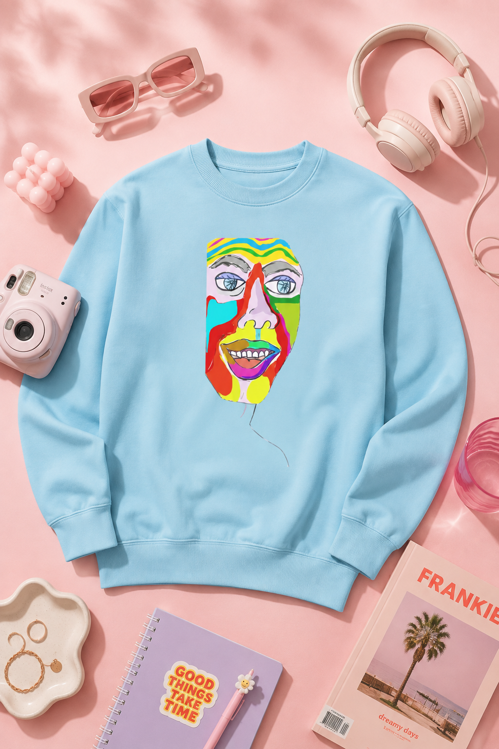 Light blue Colorfest graphic sweatshirt styled in a pastel pink flat lay with youthful accessories
