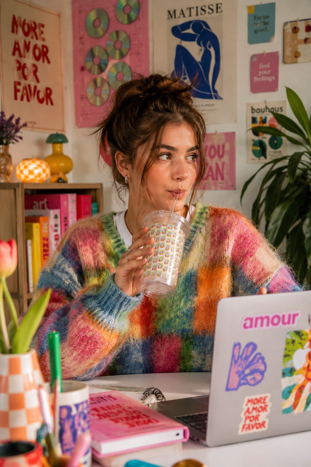 Young woman using the Colorfest original art acrylic tumbler with straw at a colorful creative desk