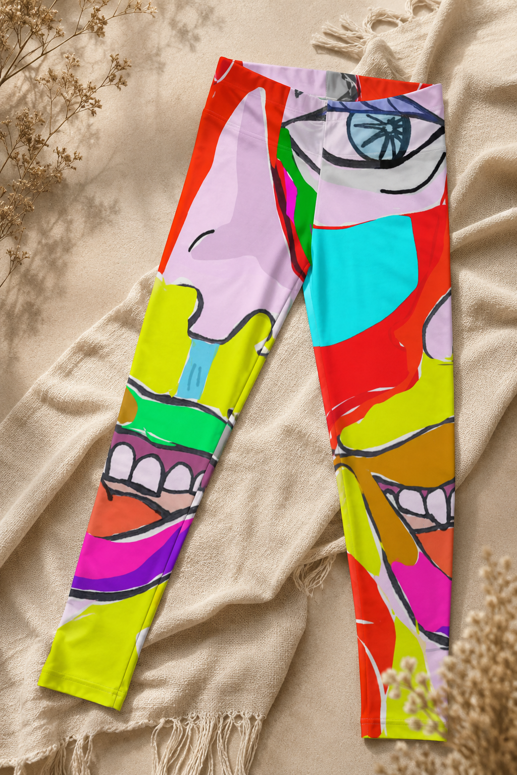 Colorfest Pop Art Leggings displayed in an artistic editorial flat lay highlighting the colorful hand-drawn artwork.