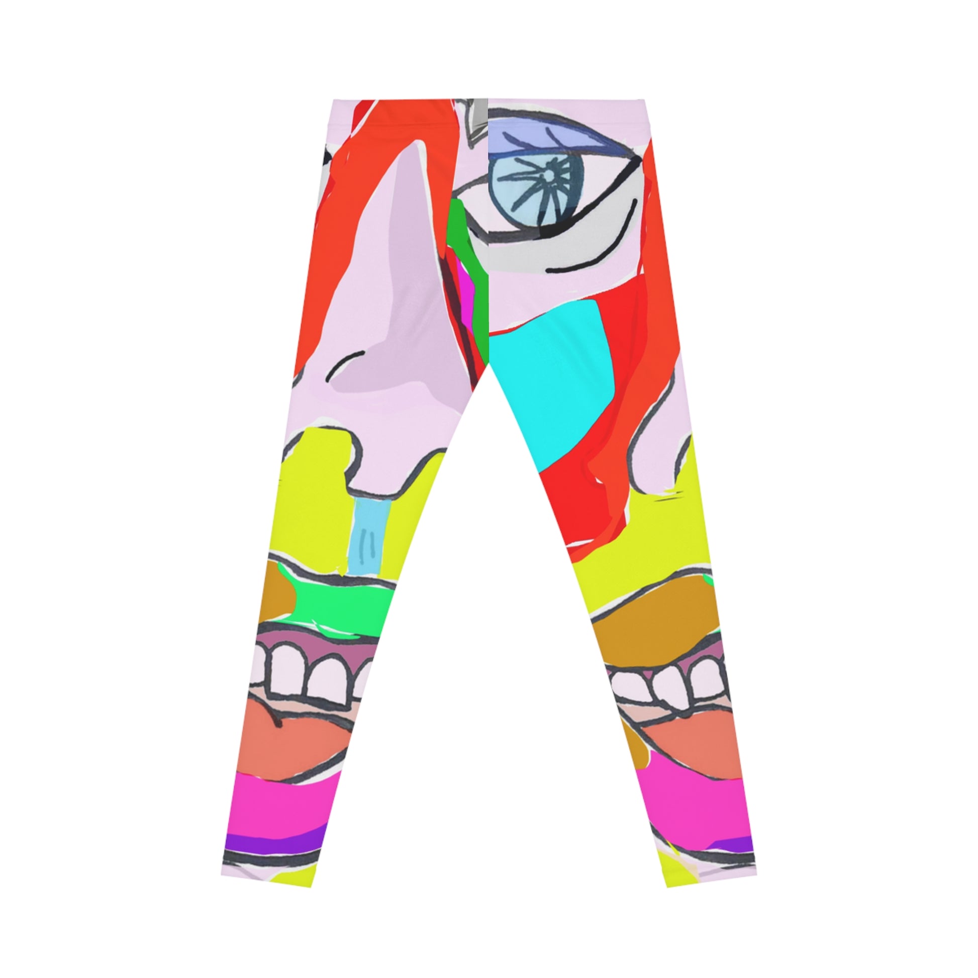 Colorful graphic print leggings featuring an original pop art face illustration and contemporary art-inspired design.