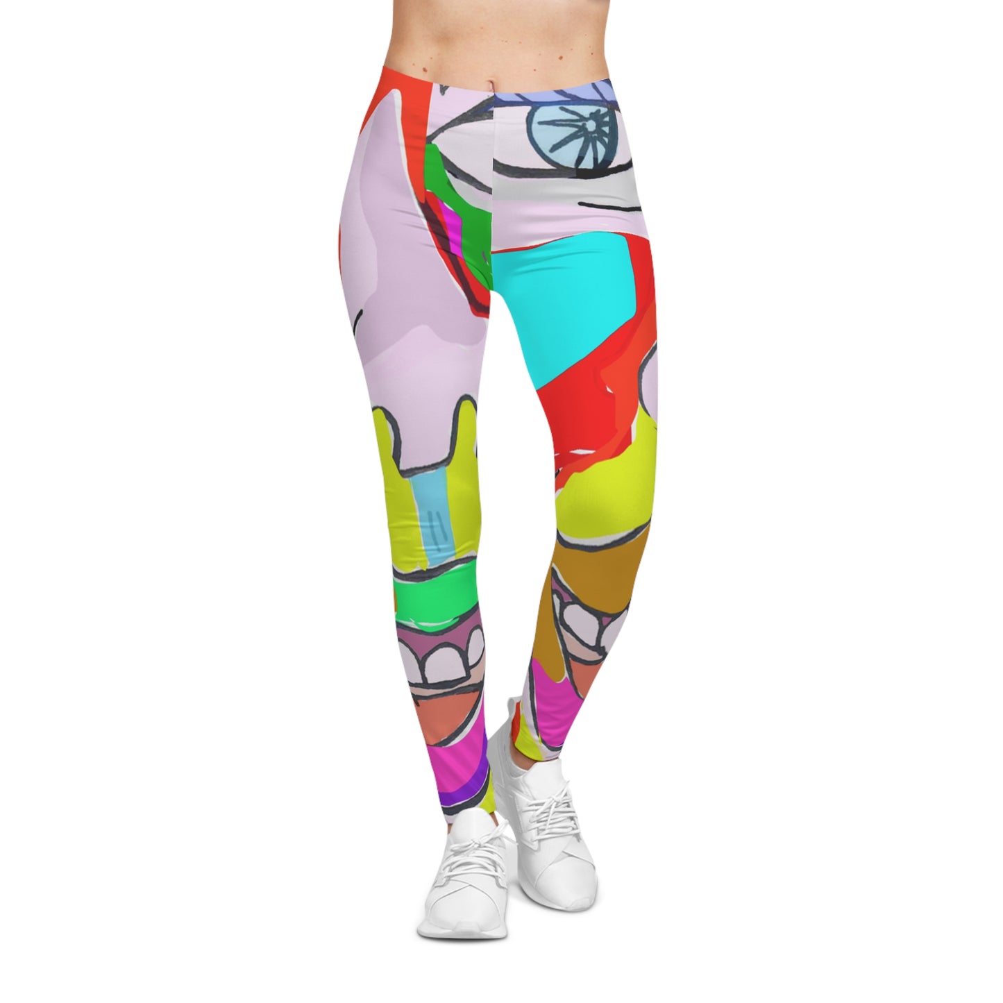 Female model wearing Colorfest Pop Art Leggings showcasing colorful contemporary artwork and a flattering fit.