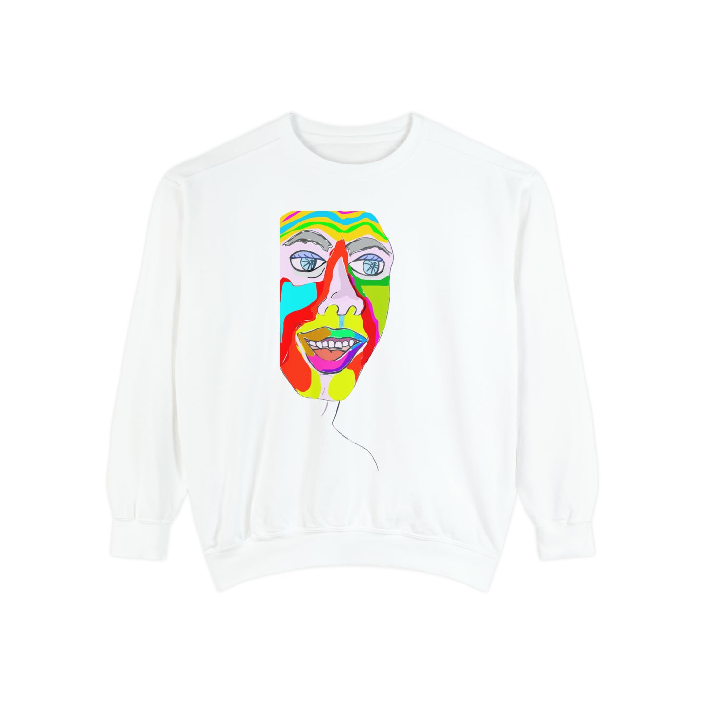 White Colorfest sweatshirt featuring original abstract face artwork by NYC artist @socialtantrum