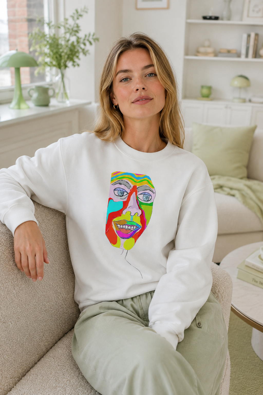 Woman wearing the white Colorfest abstract face sweatshirt in a modern pastel apartment
