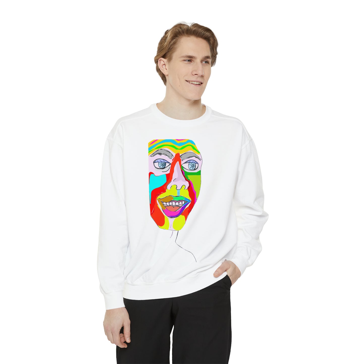Male model wearing the white Colorfest unisex sweatshirt with colorful abstract face artwork