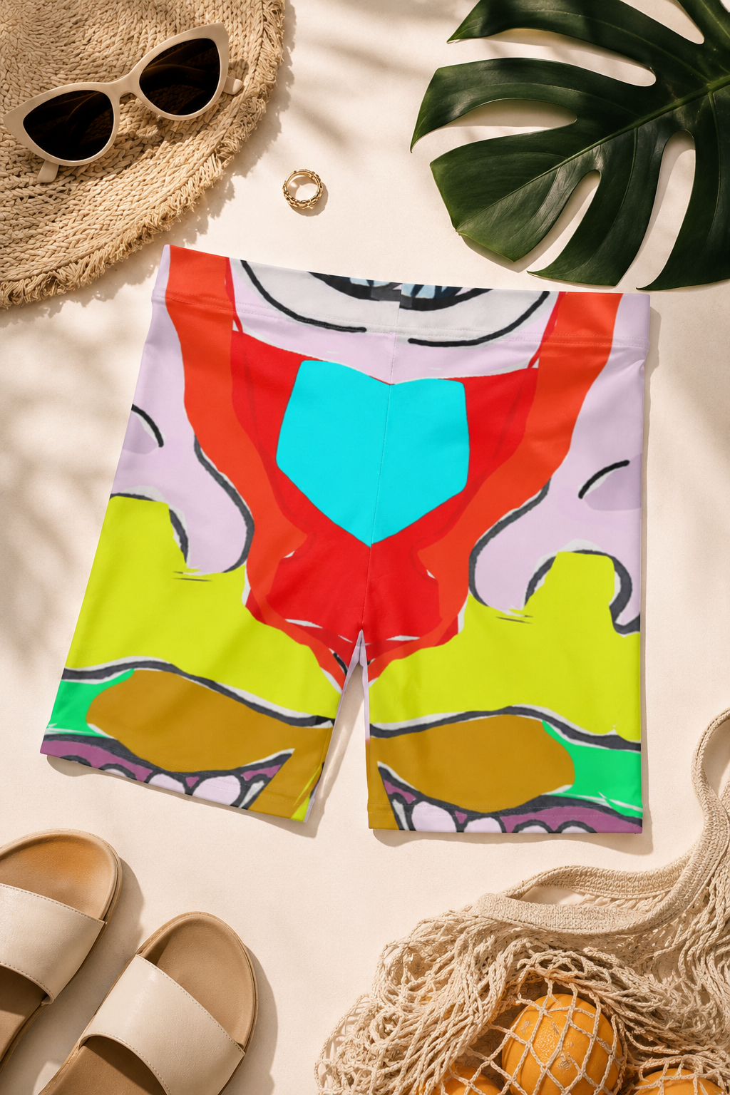 Colorful abstract print women's bike shorts styled in bright editorial flat-lay photography