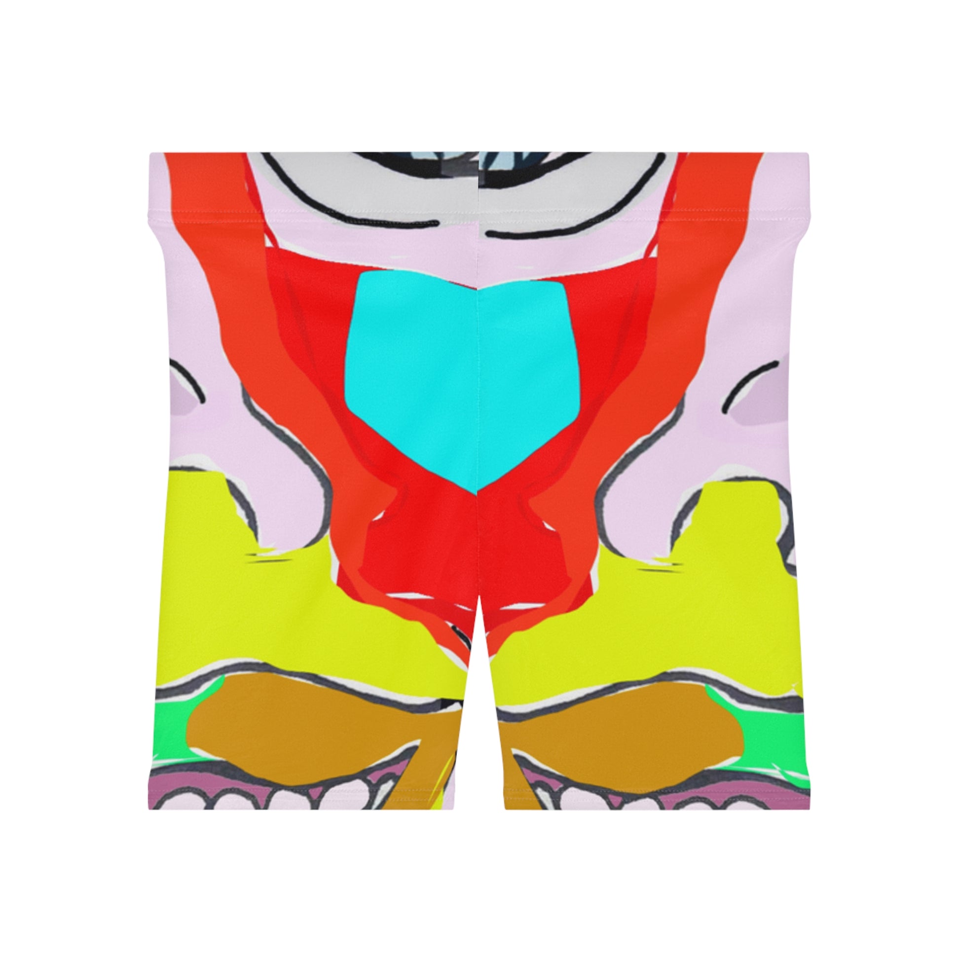 Back view of colorful abstract print women's bike shorts