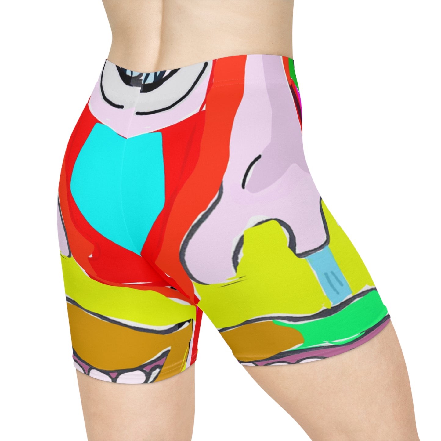 Close-up detail of colorful abstract art print women's bike shorts
