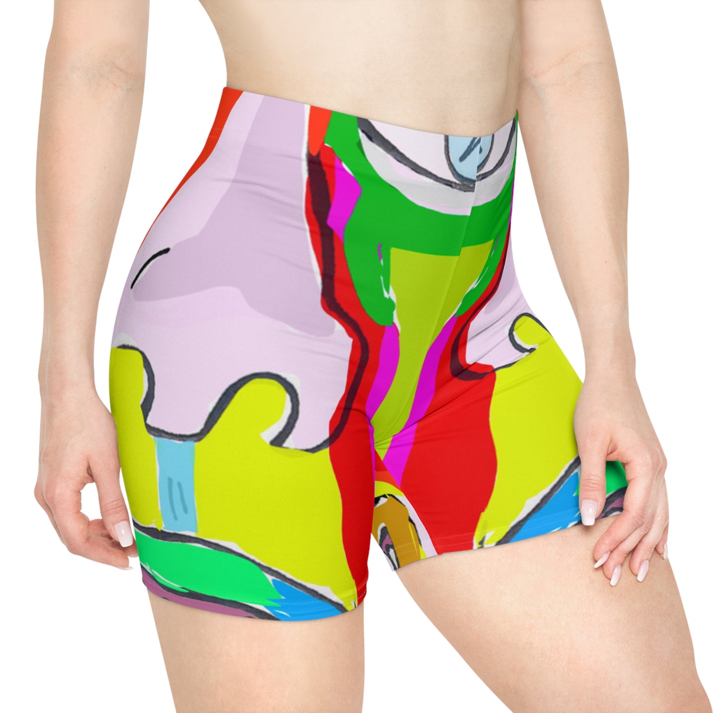Model wearing colorful abstract bike shorts with vibrant artistic design