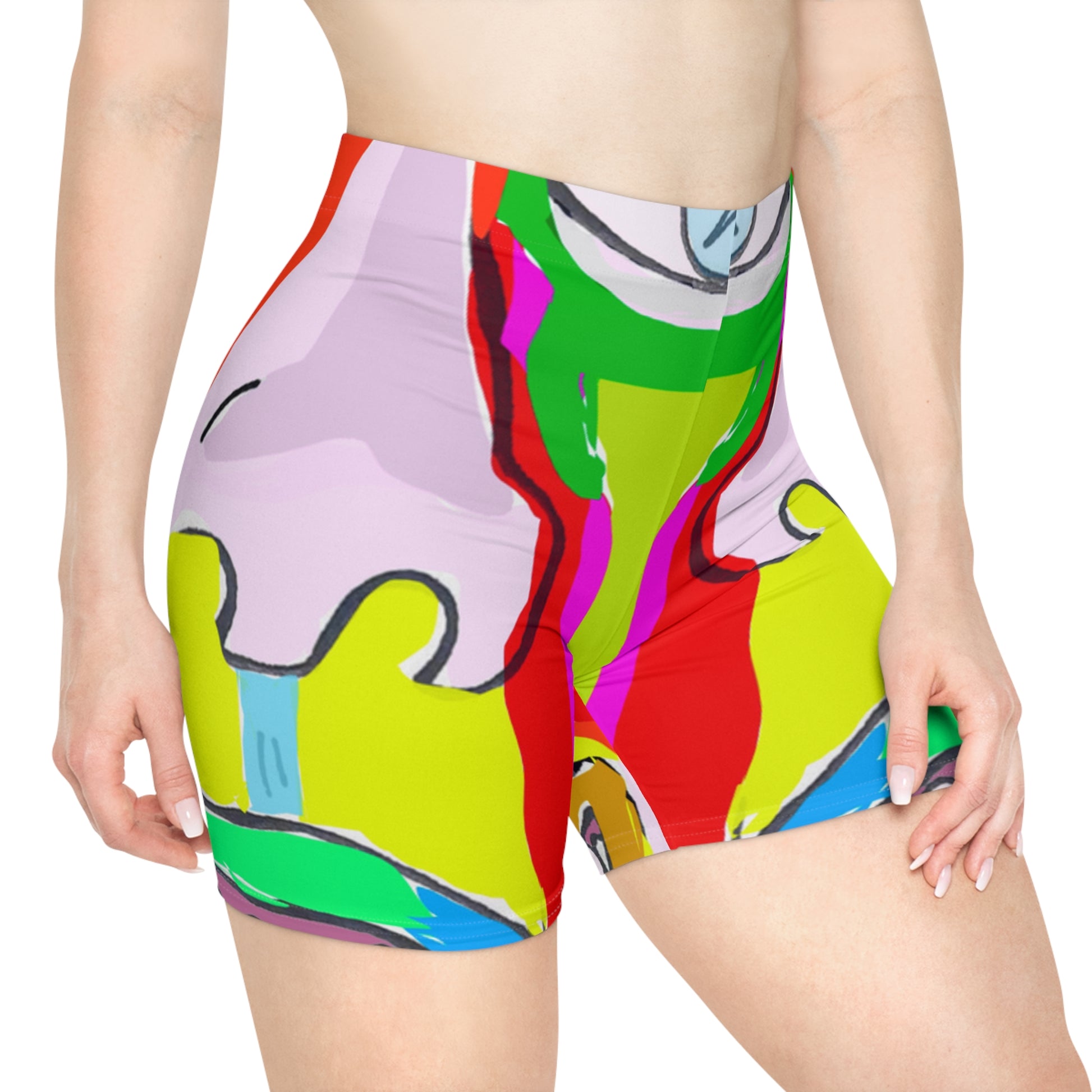 Model wearing colorful abstract bike shorts with vibrant artistic design