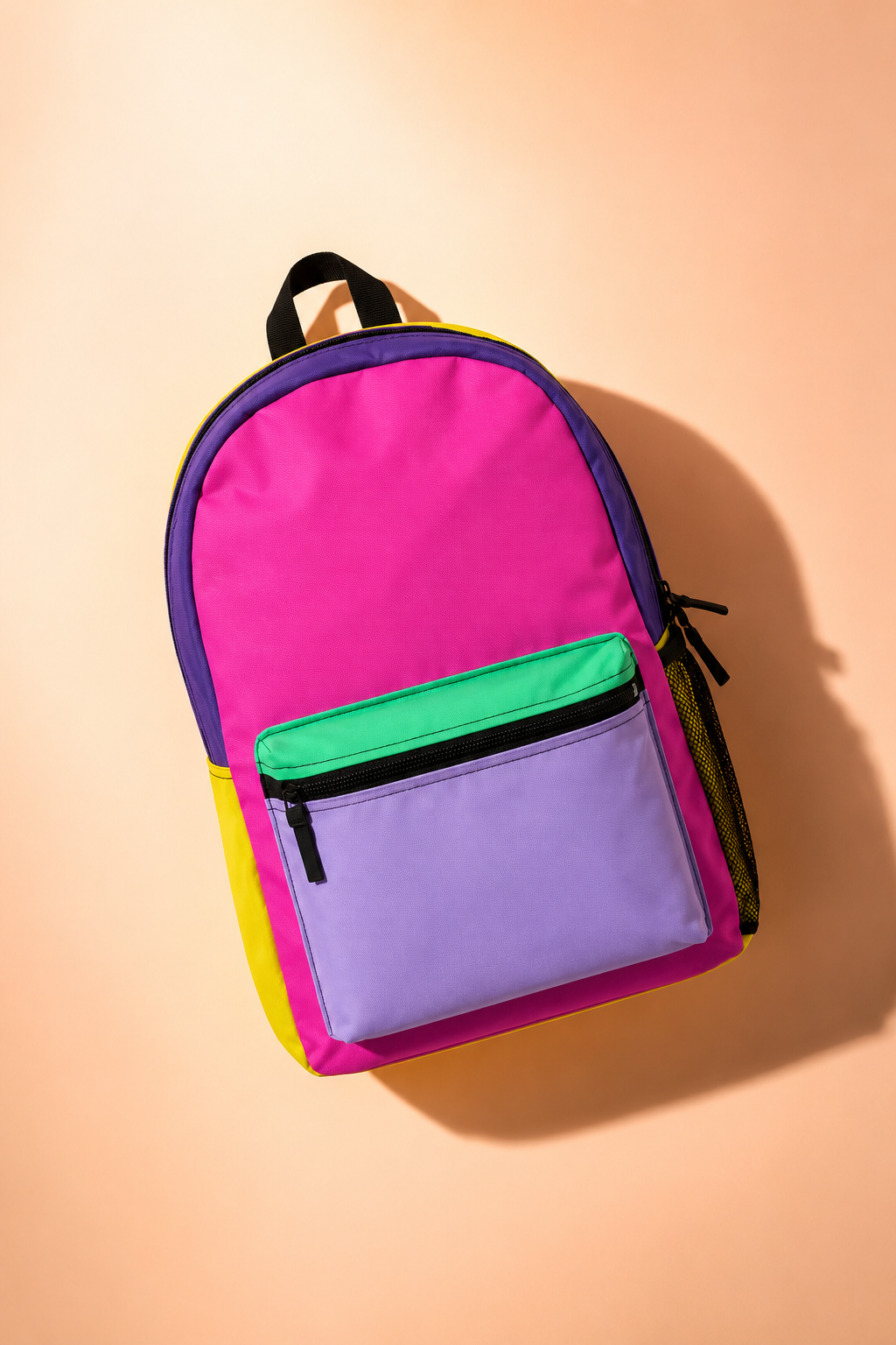Colorful college backpack flat lay front view on pastel background