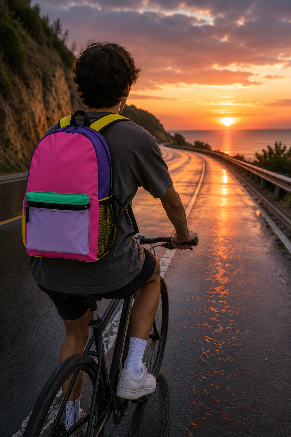 Colorful college backpack worn while biking at sunset