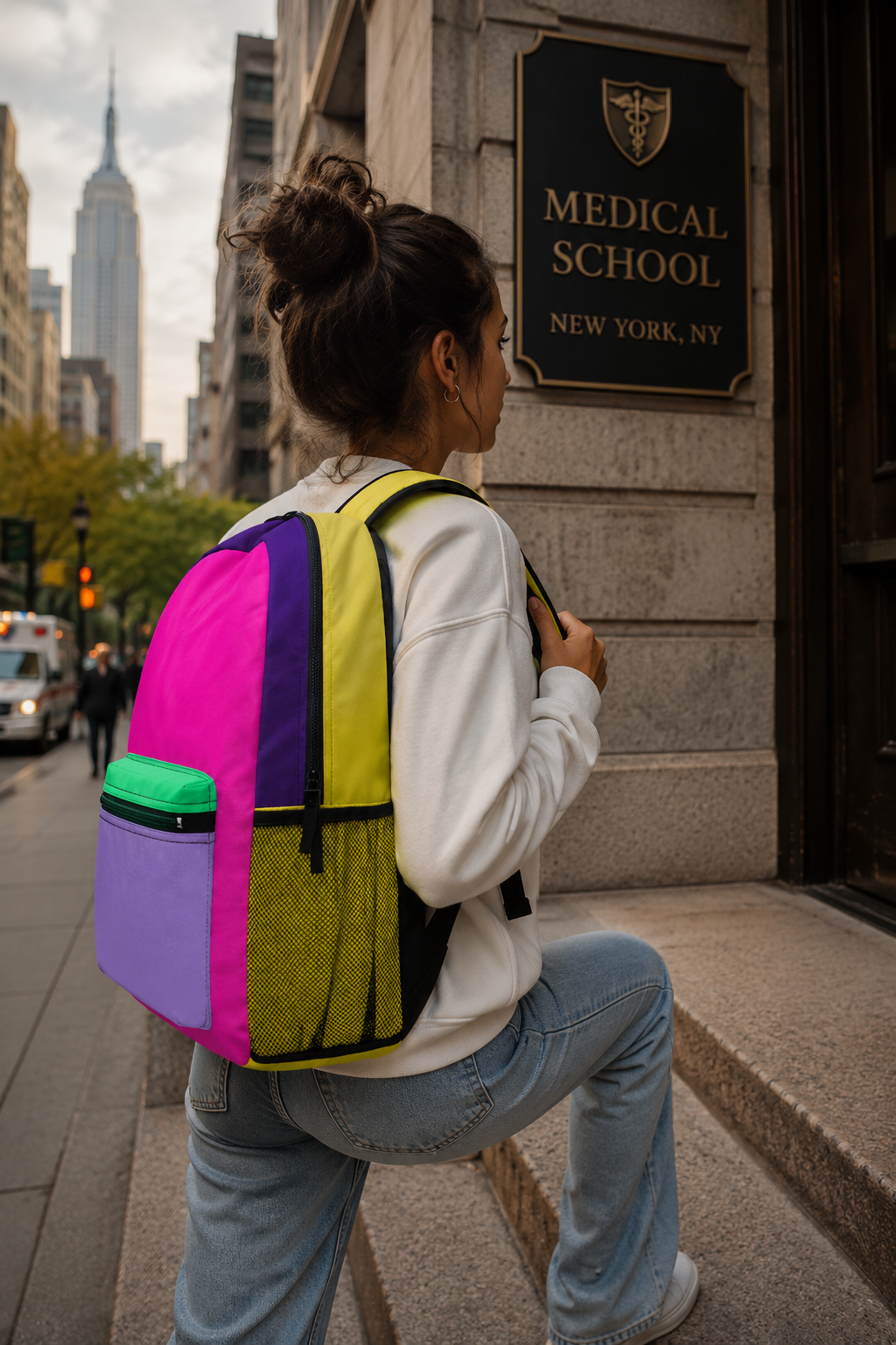 Colorful college backpack worn by student walking on city campus