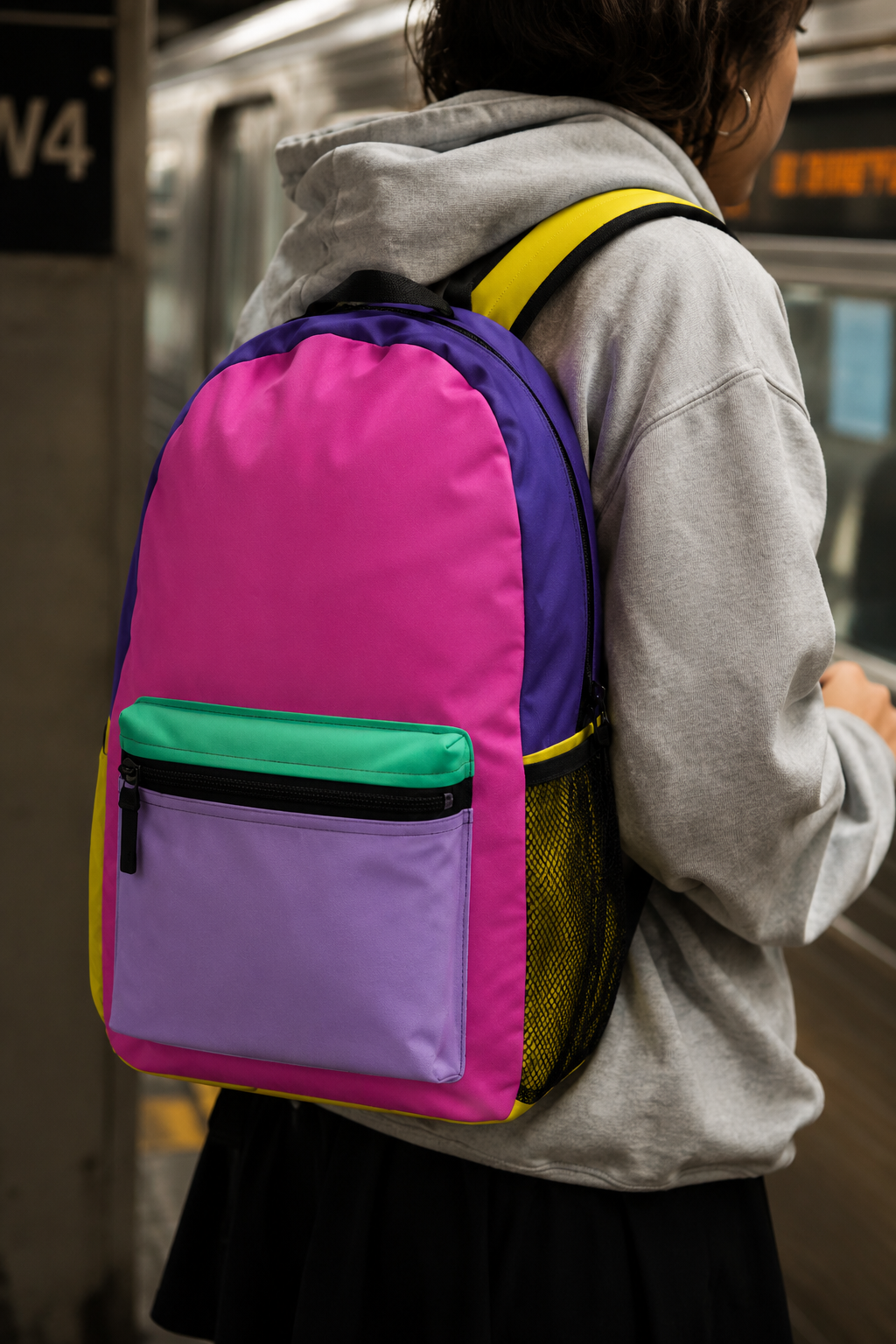 Colorful college backpack worn by commuter in subway lifestyle scene