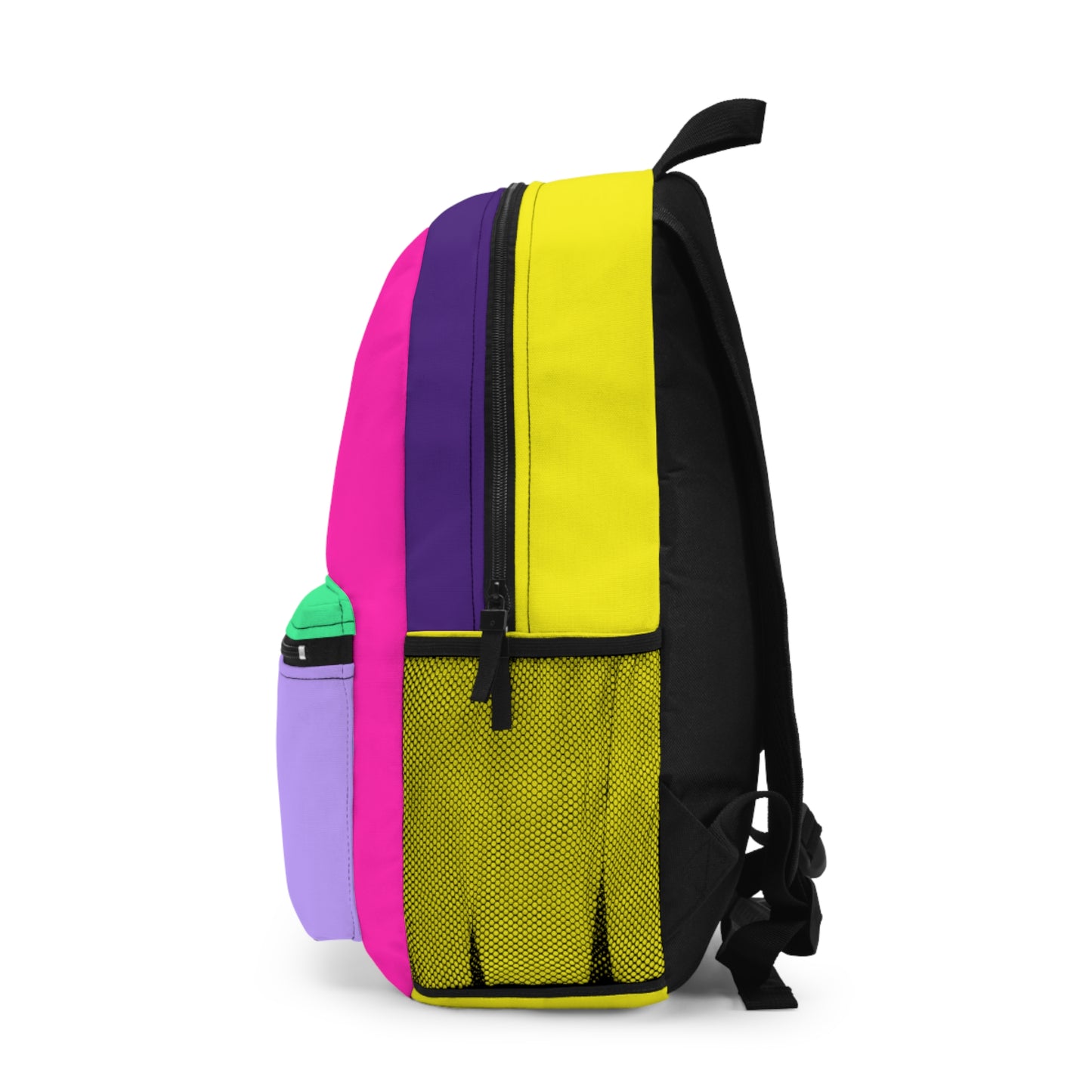 Colorful college backpack side profile with vibrant retro panels
