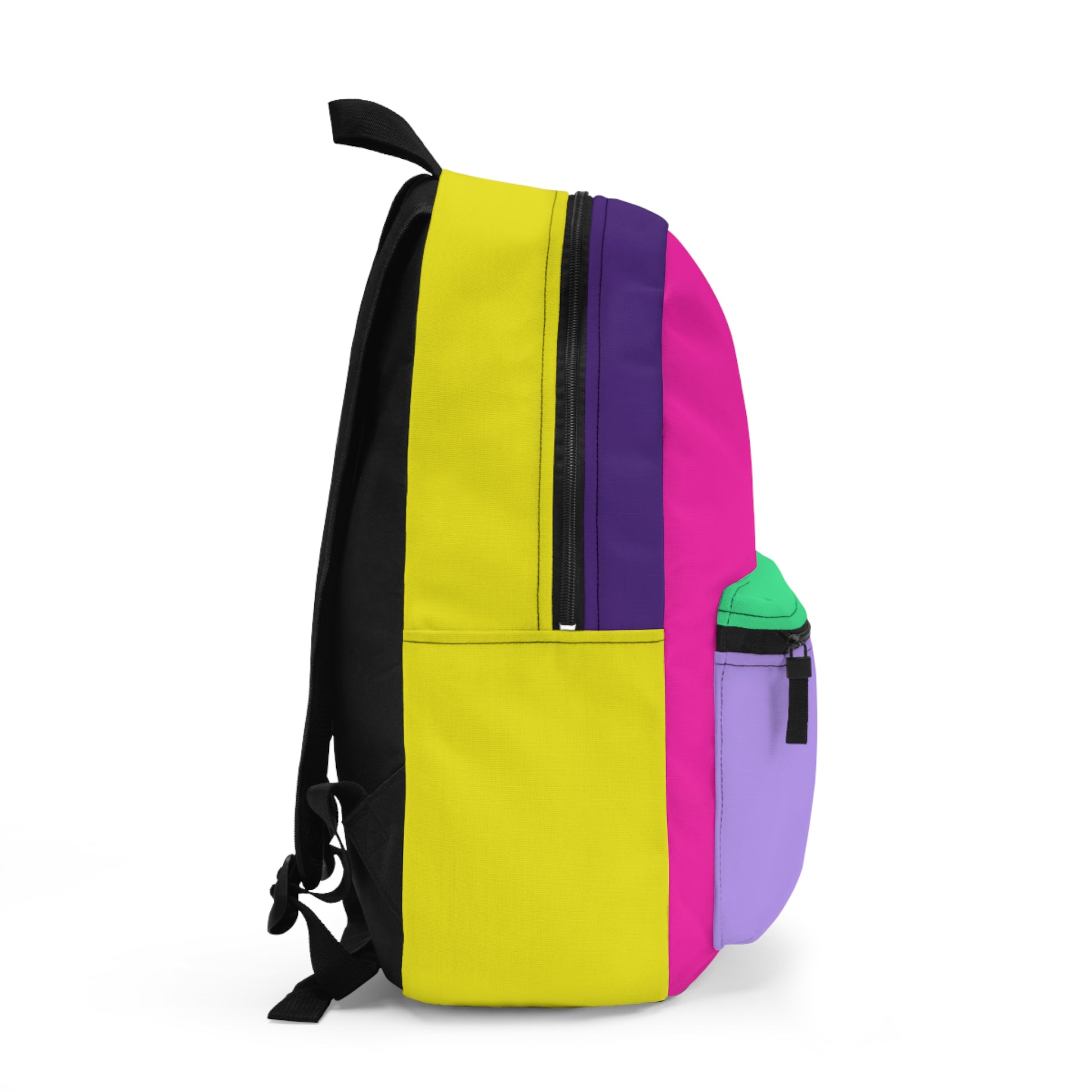 Colorful college backpack side view showing profile and bottle pocket