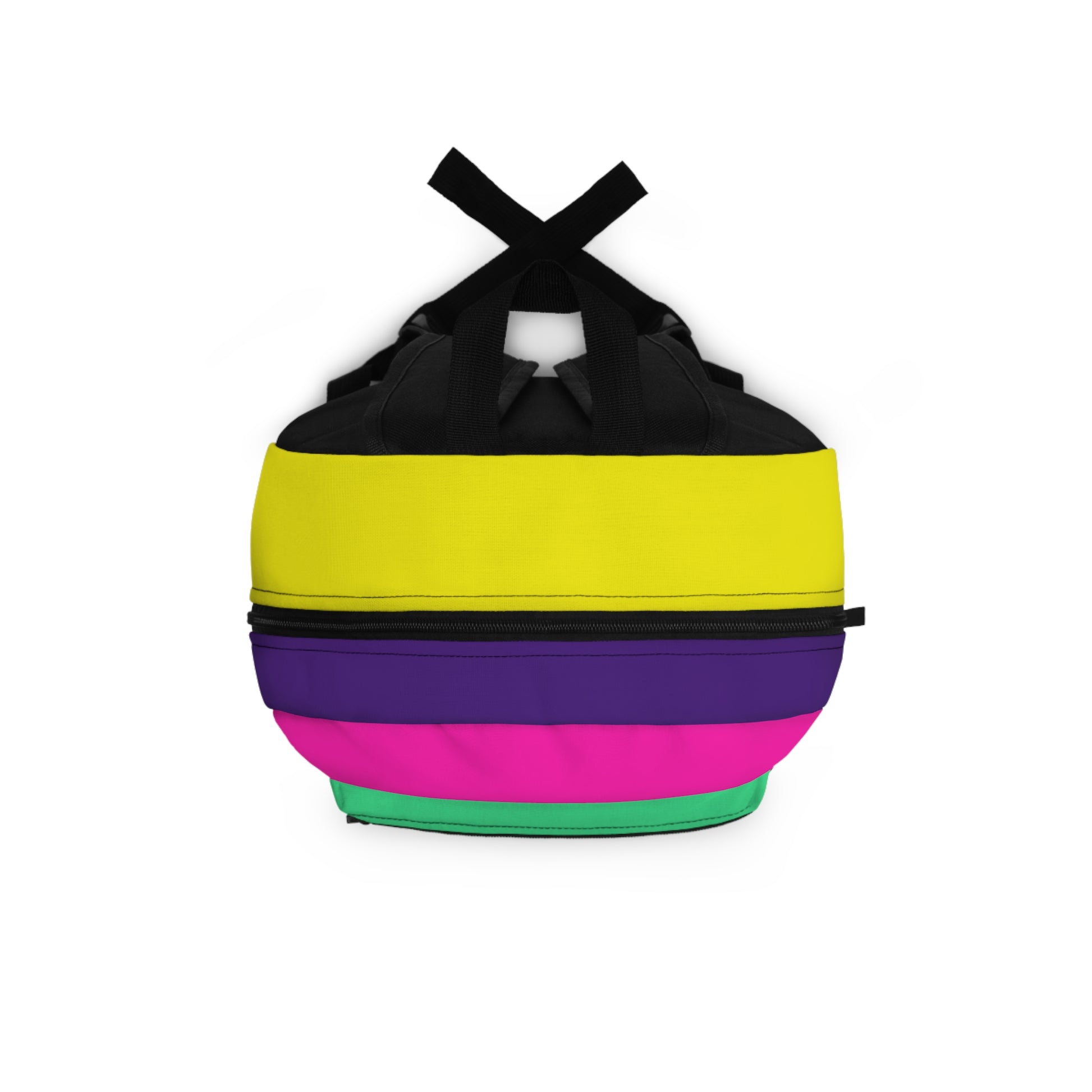 Colorful college backpack top view showing zipper and handle details