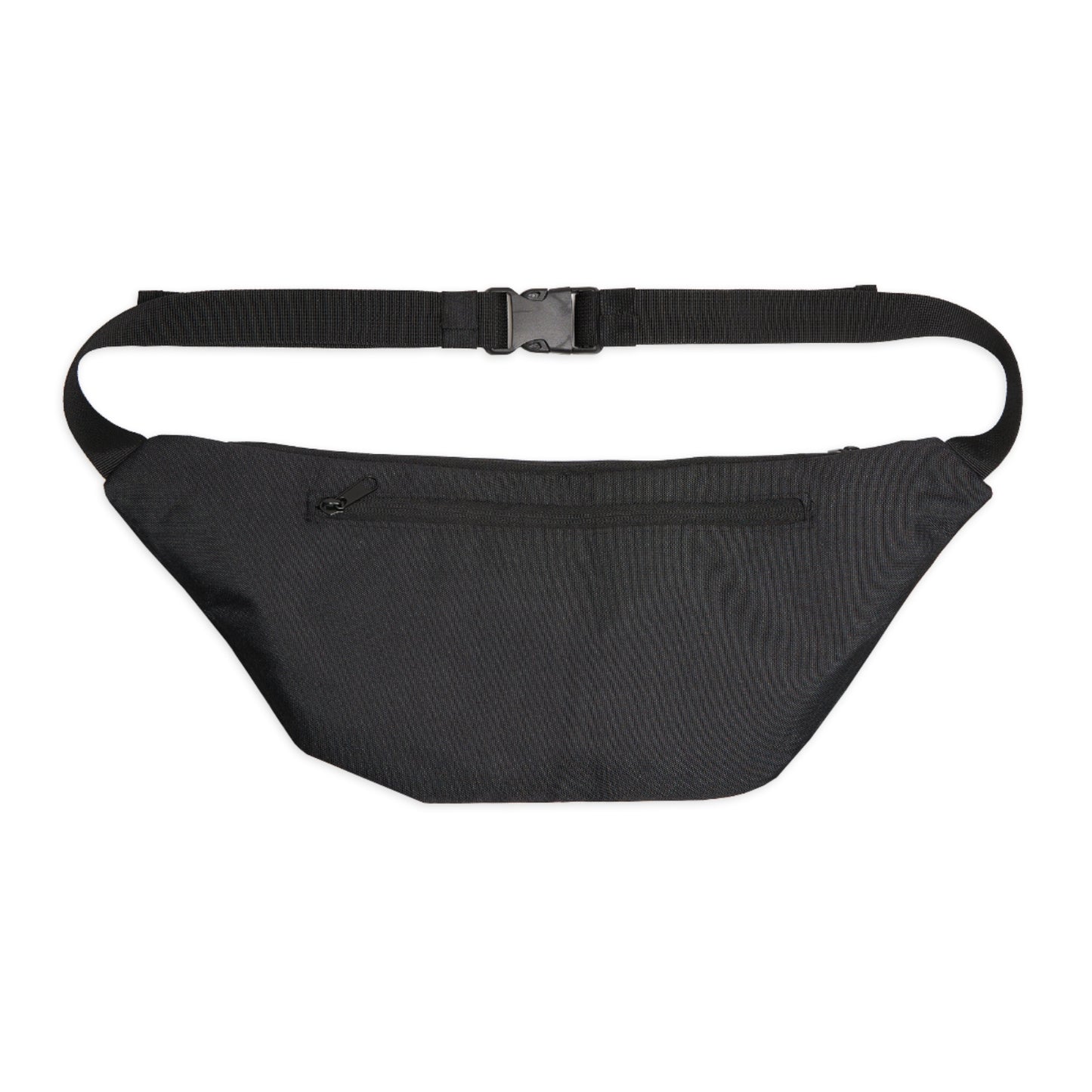 Back view of colorful fanny pack with black adjustable waist strap and zippered back panel.