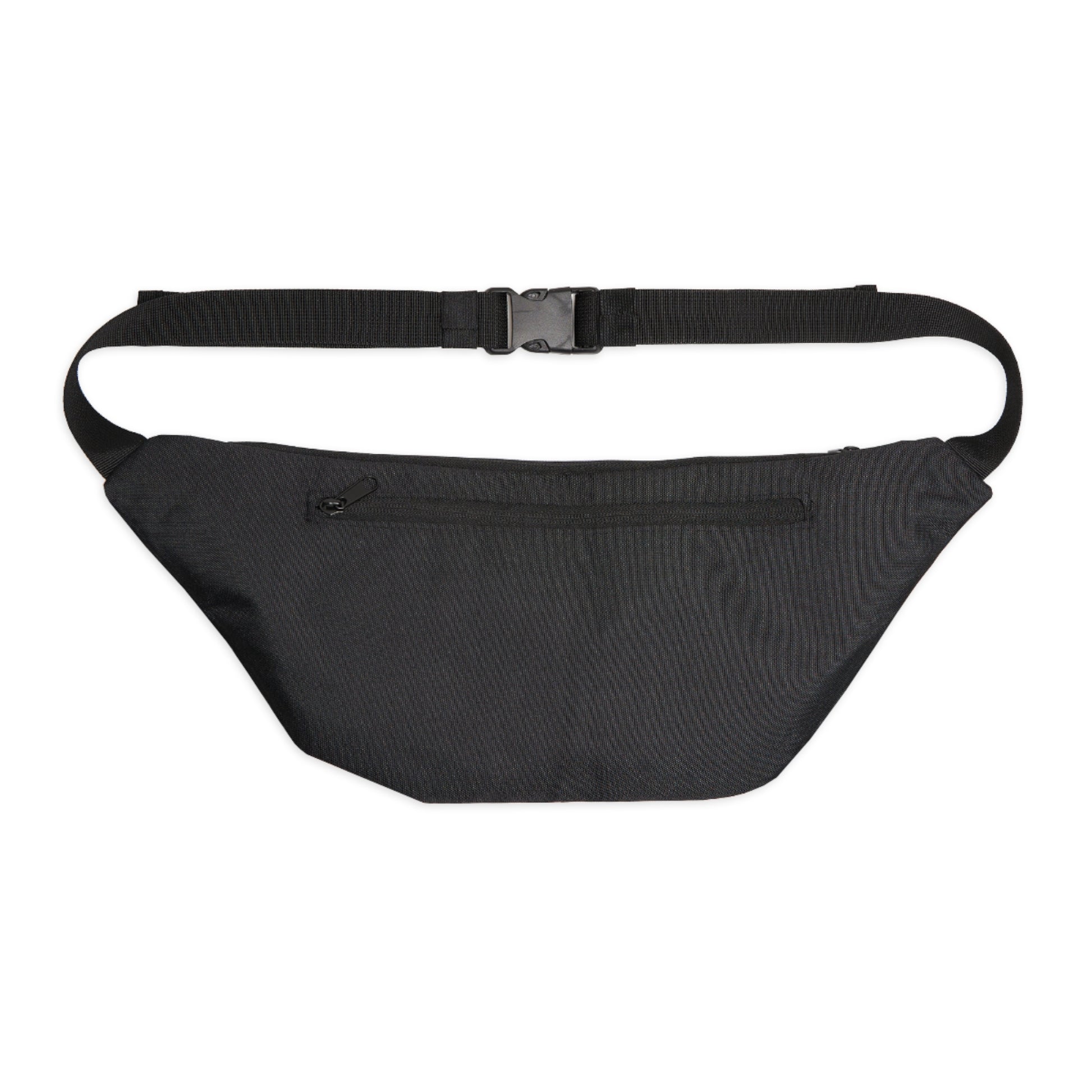 Back view of colorful fanny pack with black adjustable waist strap and zippered back panel.