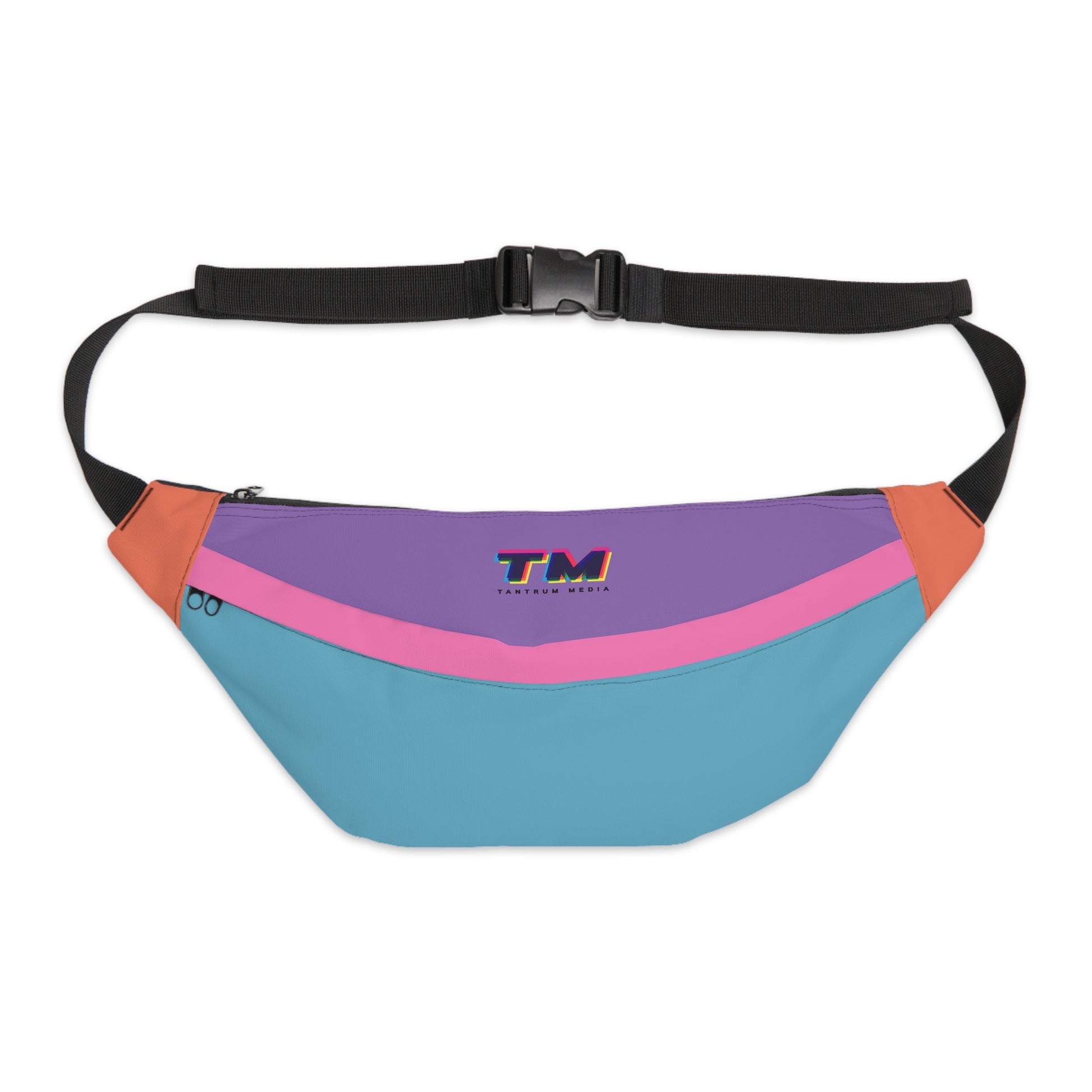 Front view of a colorful multicolor fanny pack with purple, pink, turquoise and orange color-block design.