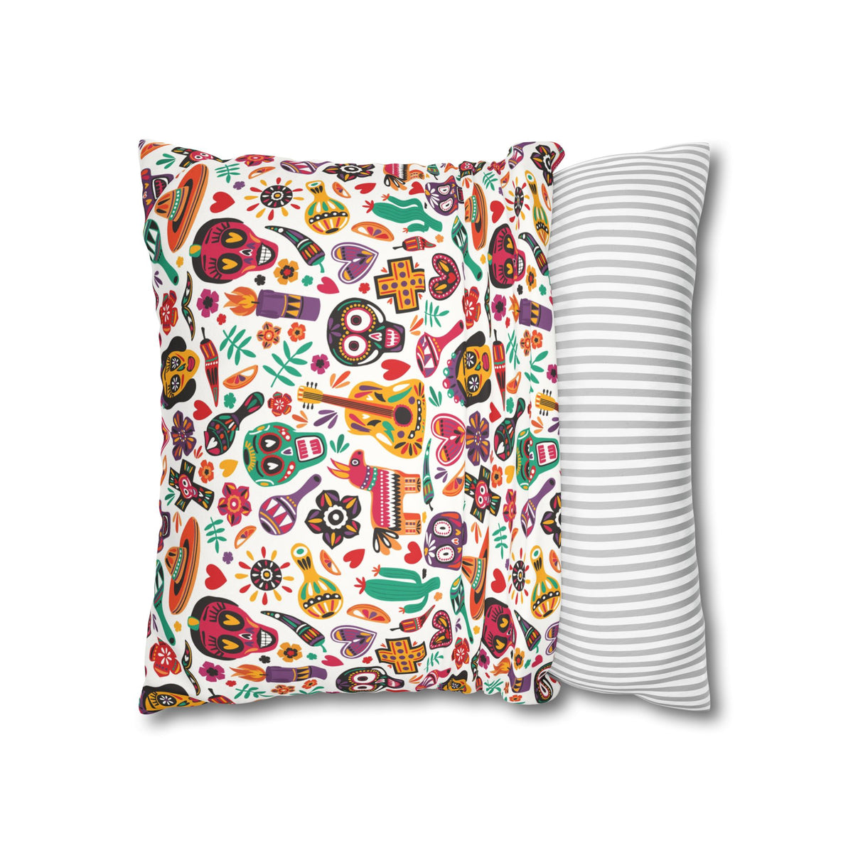 Double-sided colorful sugar skull faux suede pillow cover shown from front and side